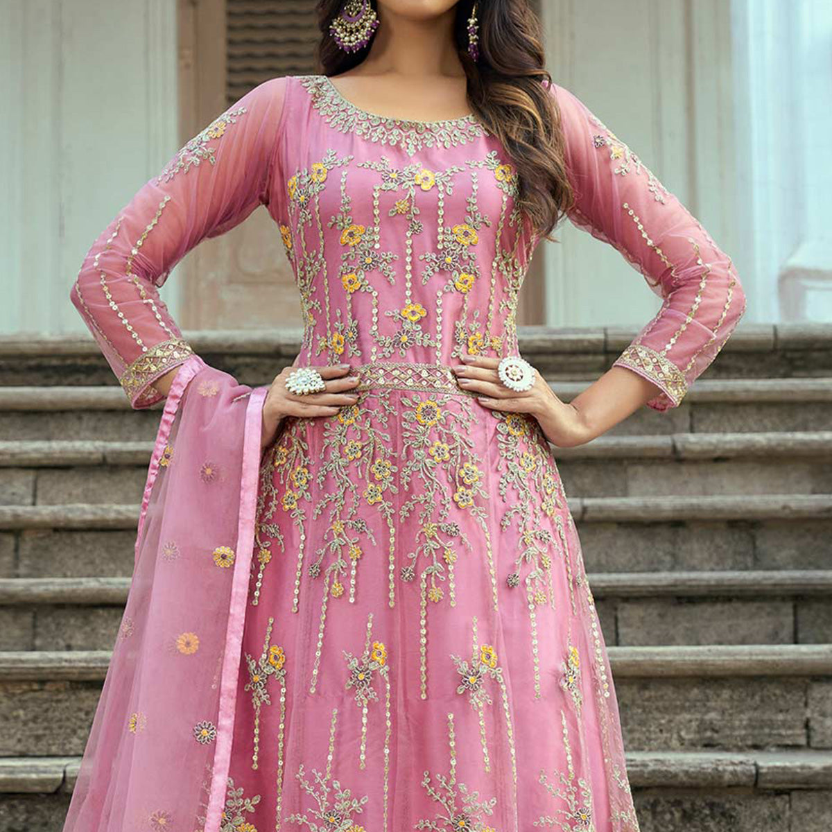 Pink Floral Sequins Embroidered Net Semi Stitched Anarkali Suit