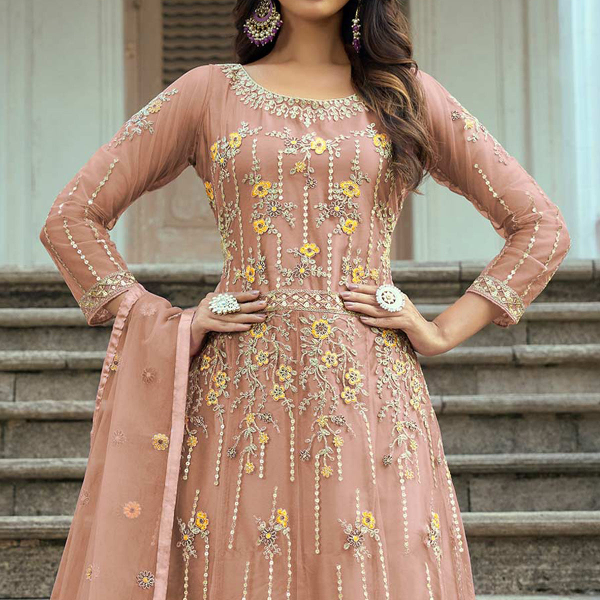 Peach Floral Sequins Embroidered Net Semi Stitched Anarkali Suit