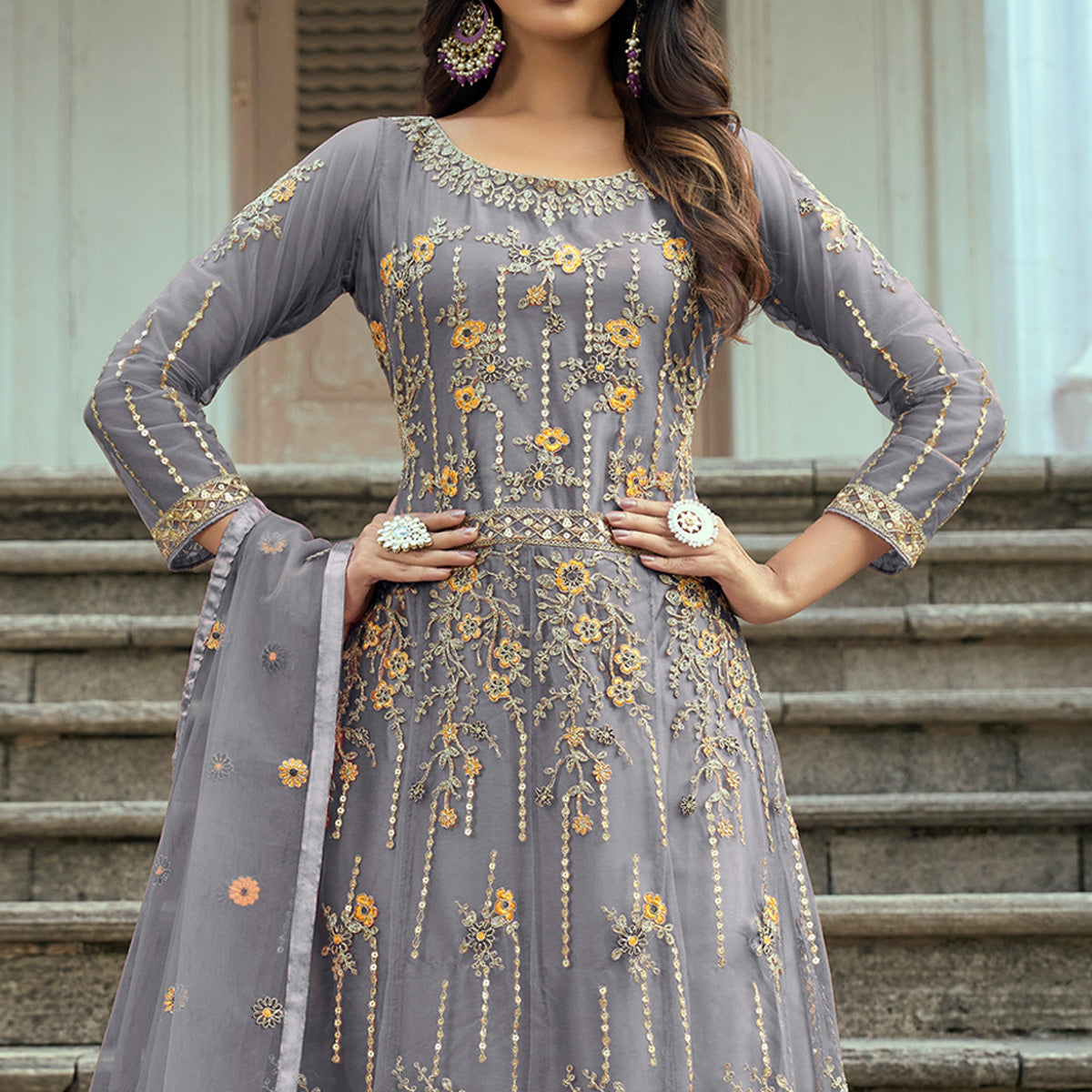 Grey Floral Sequins Embroidered Net Semi Stitched Anarkali Suit