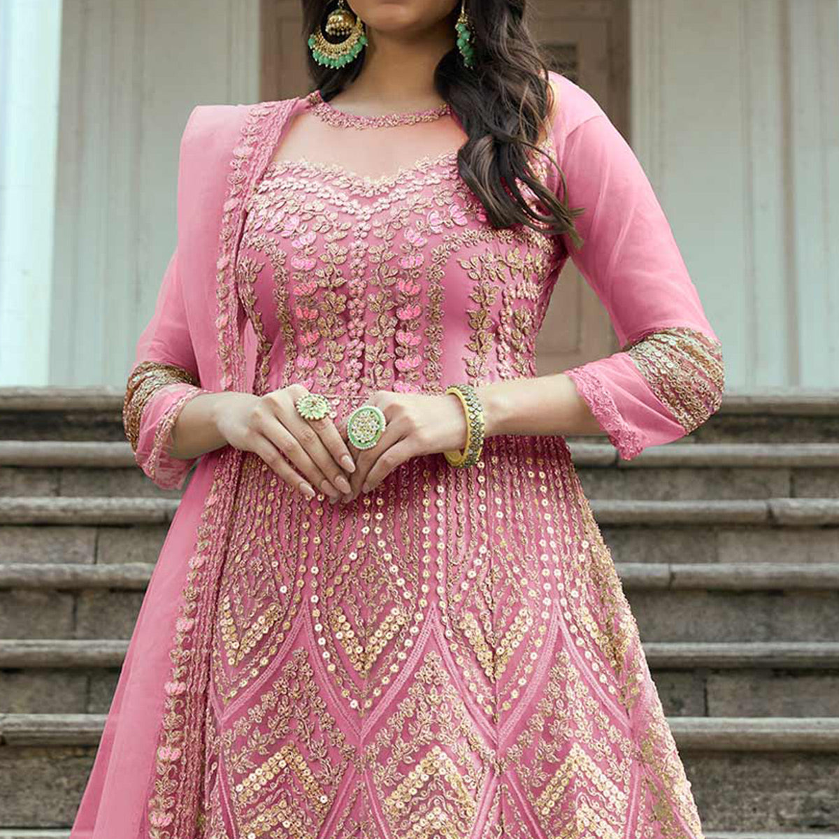 Pink Floral Sequins Embroidered Net Semi Stitched Anarkali Suit