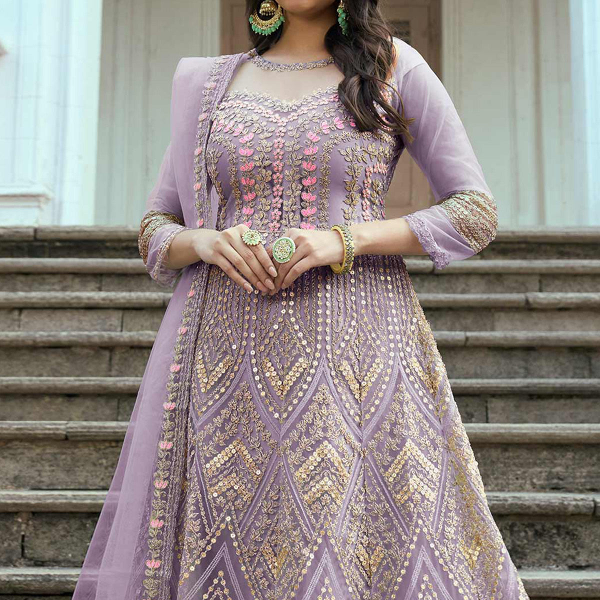 Purple Floral Sequins Embroidered Net Semi Stitched Anarkali Suit