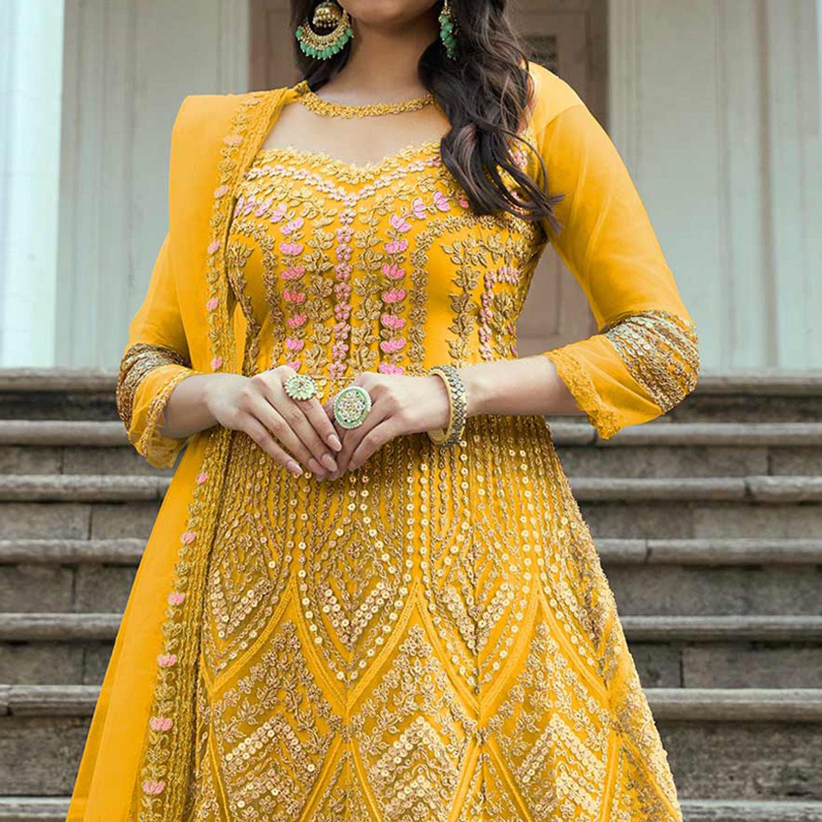 Yellow Floral Sequins Embroidered Net Semi Stitched Anarkali Suit