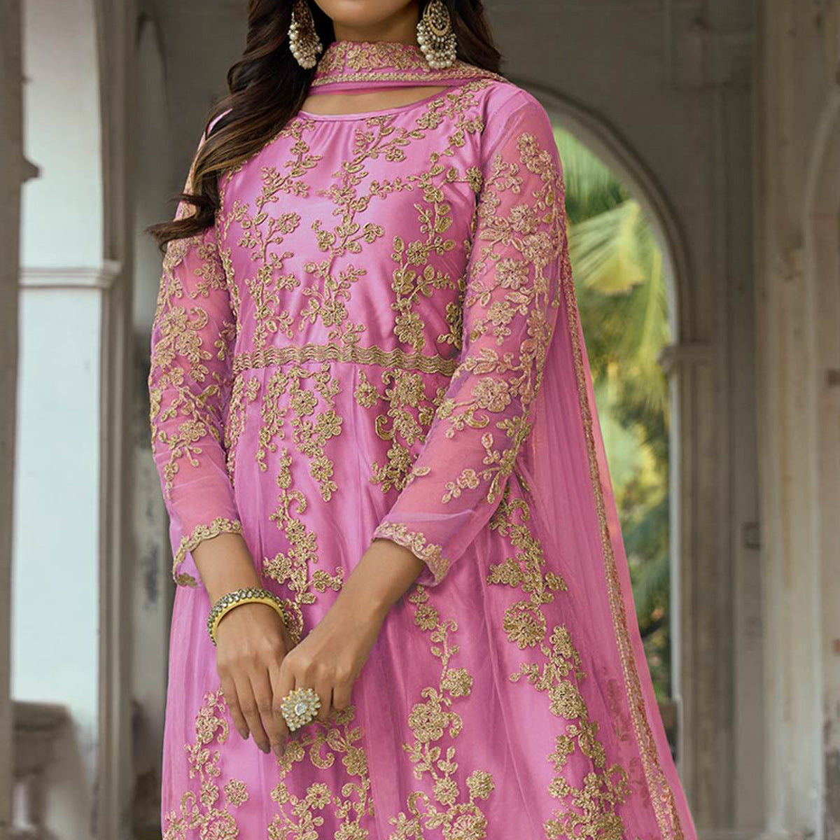 Pink Floral Embroidered Net Semi Stitched Anarkali Suit
