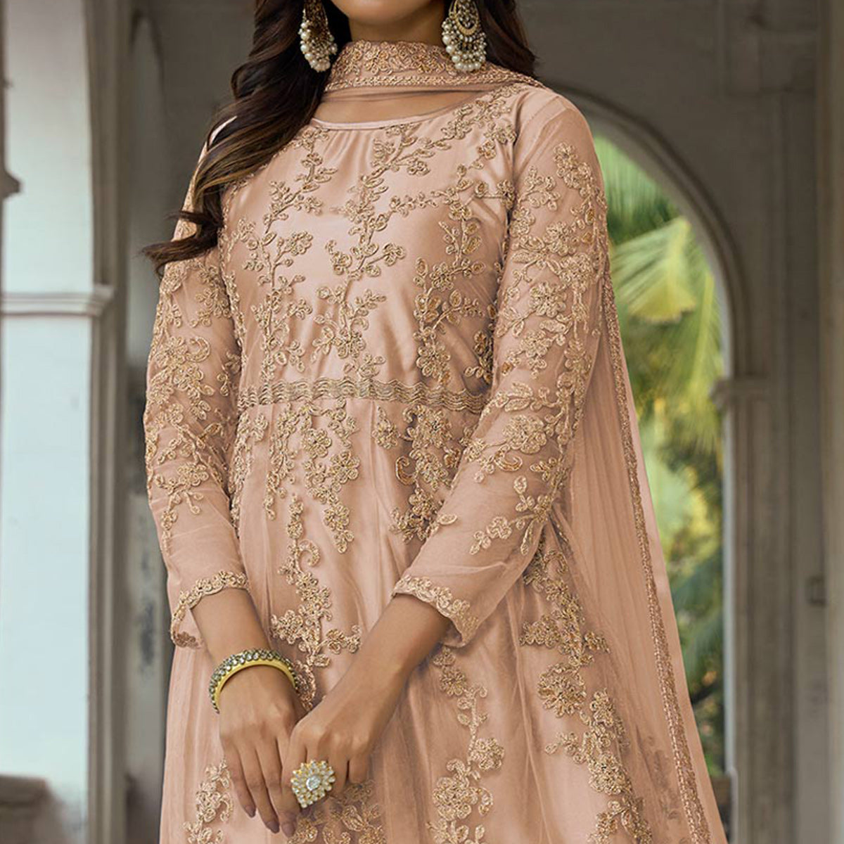 Peach Floral Embroidered Net Semi Stitched Anarkali Suit