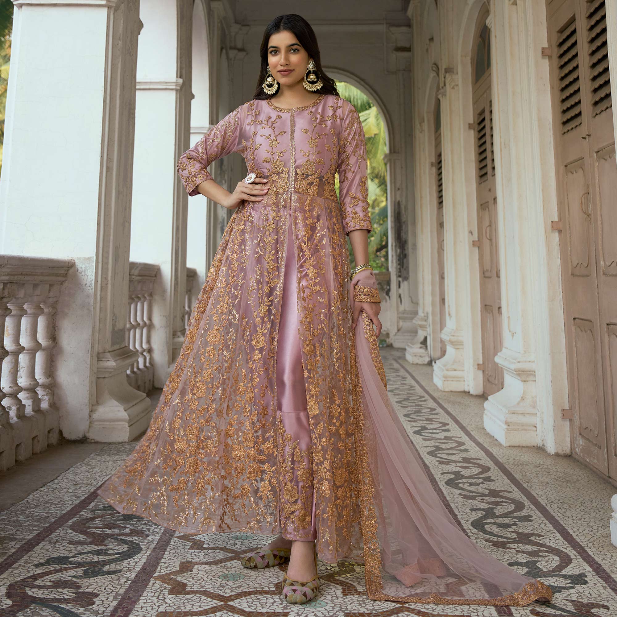 Mauve Floral Sequins Embroidered Net Semi Stiched Suit