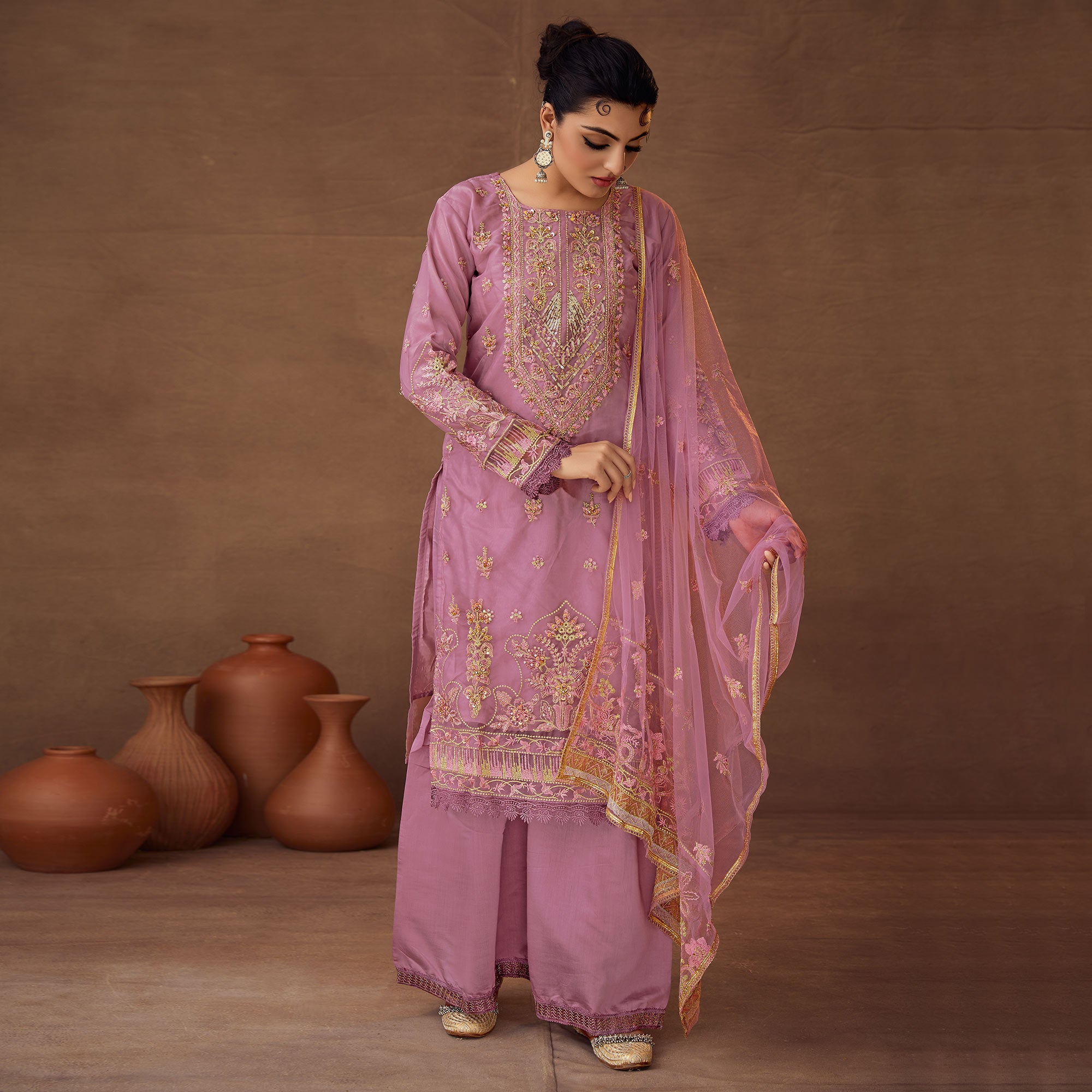 Pink Floral Embroidered Organza Semi Stitched Pakistani Suit