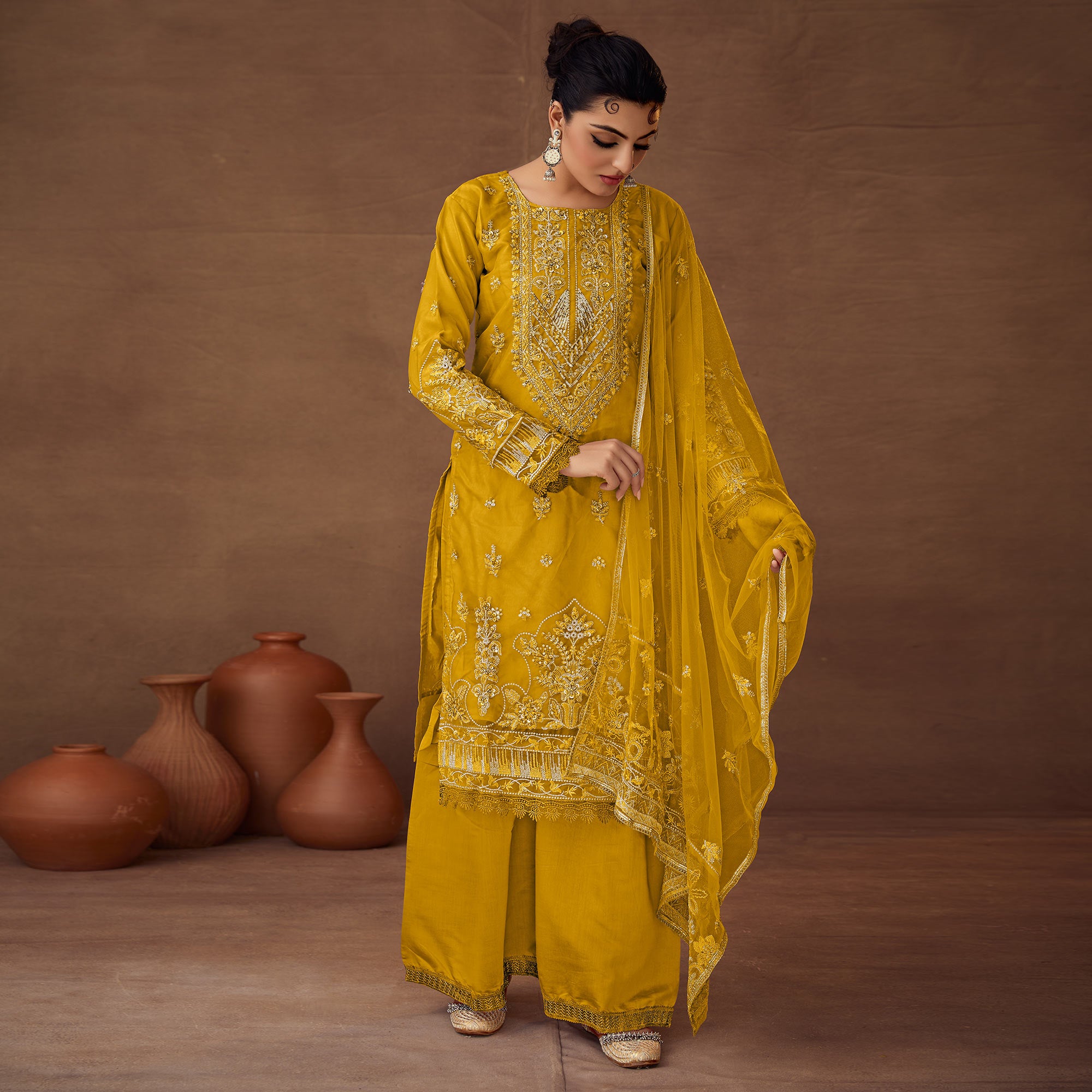 Mustard Floral Embroidered Organza Semi Stitched Pakistani Suit