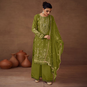 Green Floral Embroidered Organza Semi Stitched Pakistani Suit