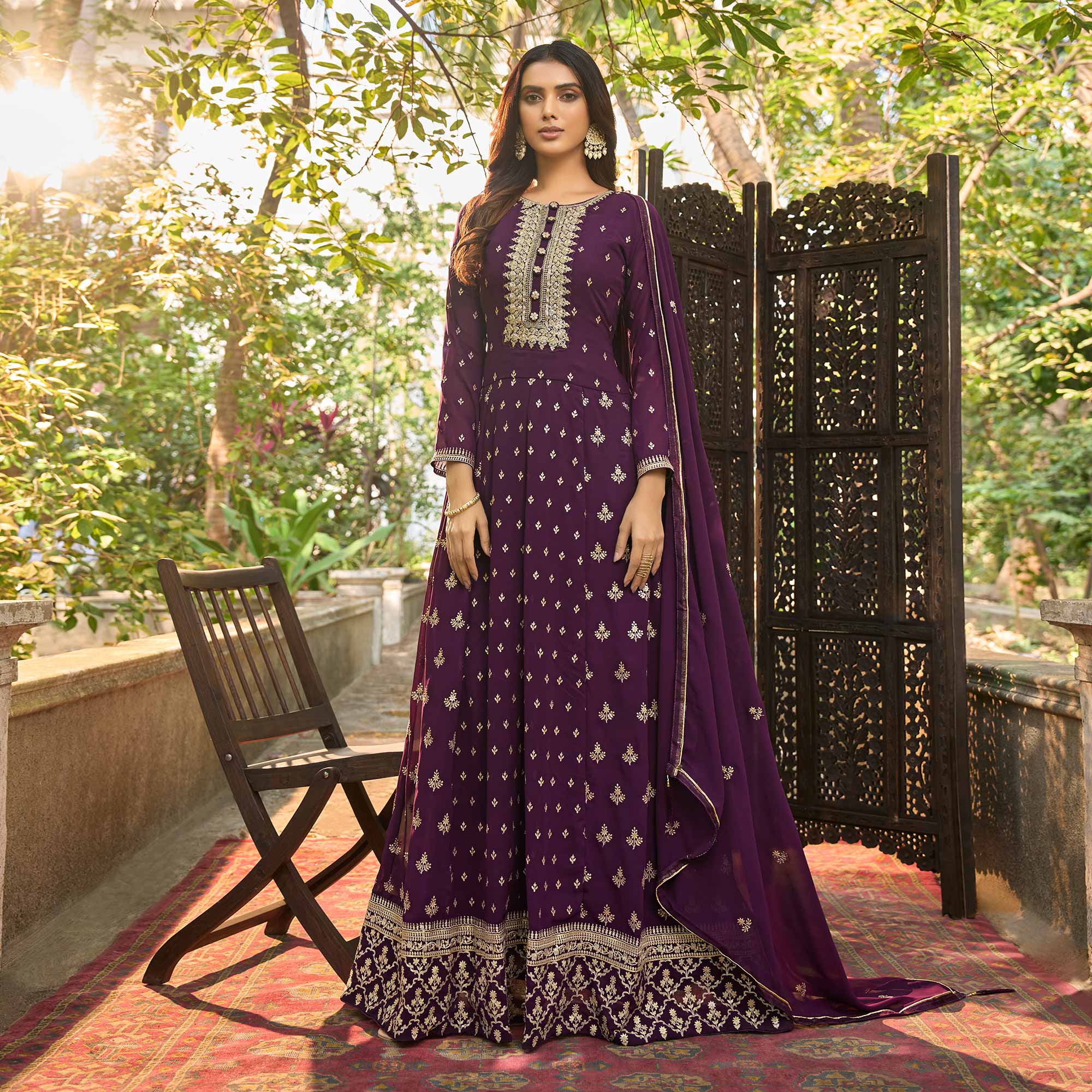 Wine Floral Sequins Embroidered Georgette Semi Stitched Anarkali Suit
