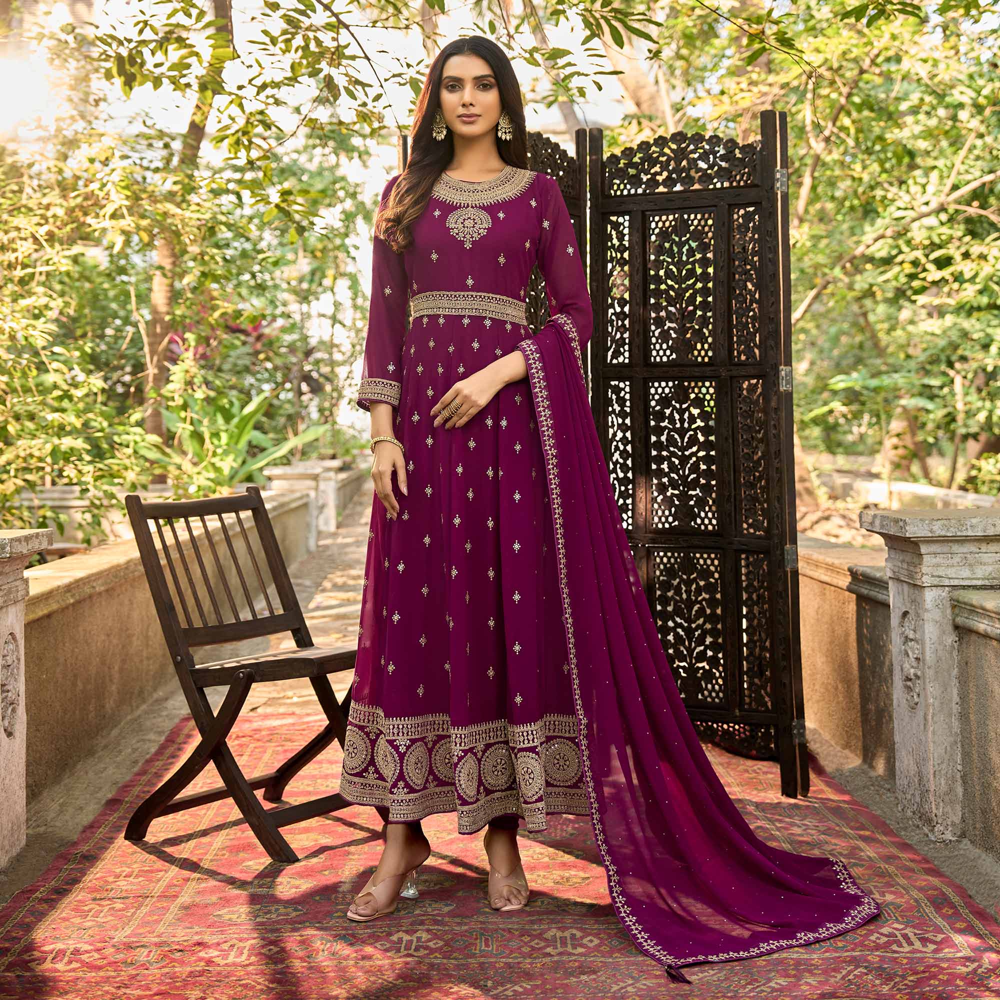 Purple Floral Sequins Embroidered Georgette Semi Stitched Anarkali Suit