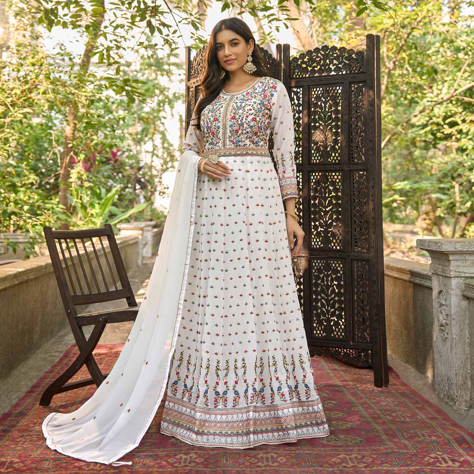 White Floral Sequins Embroidered Georgette Semi Stitched Anarkali Suit