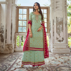 Green Floral Embroidered Georgette Semi Stitched Suit