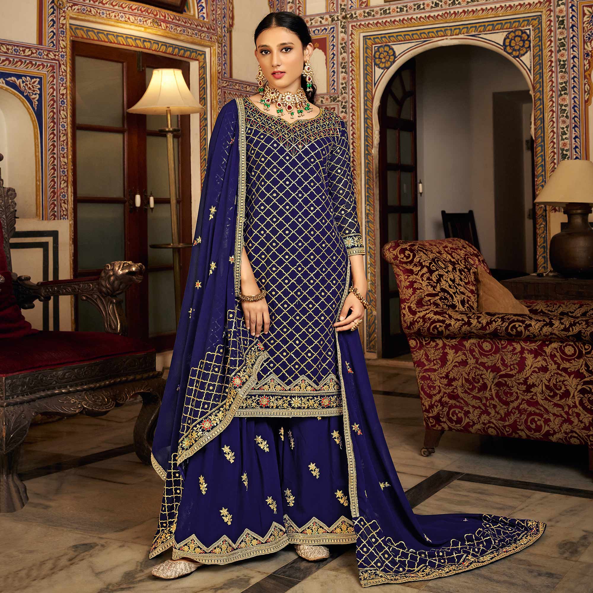 Blue Sequins Embroidered Chinon Semi Stitched Suit