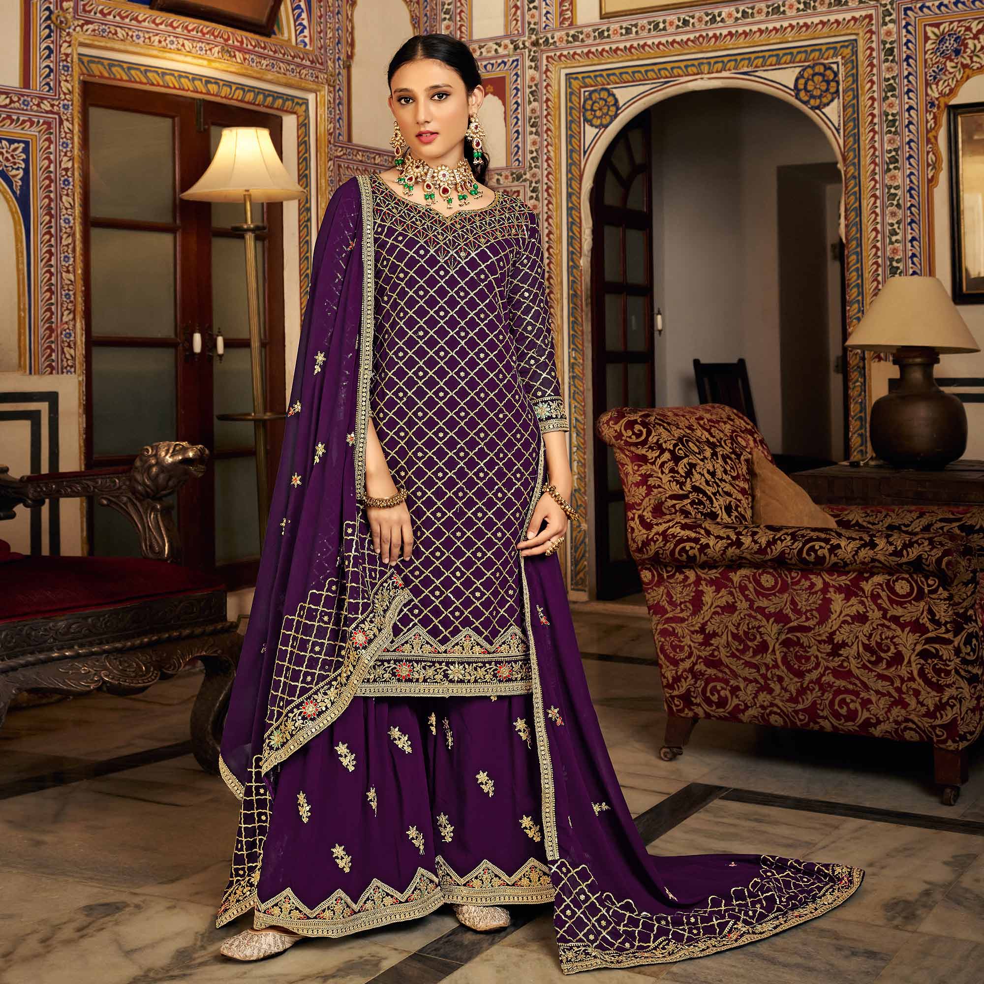 Purple Sequins Embroidered Chinon Semi Stitched Suit