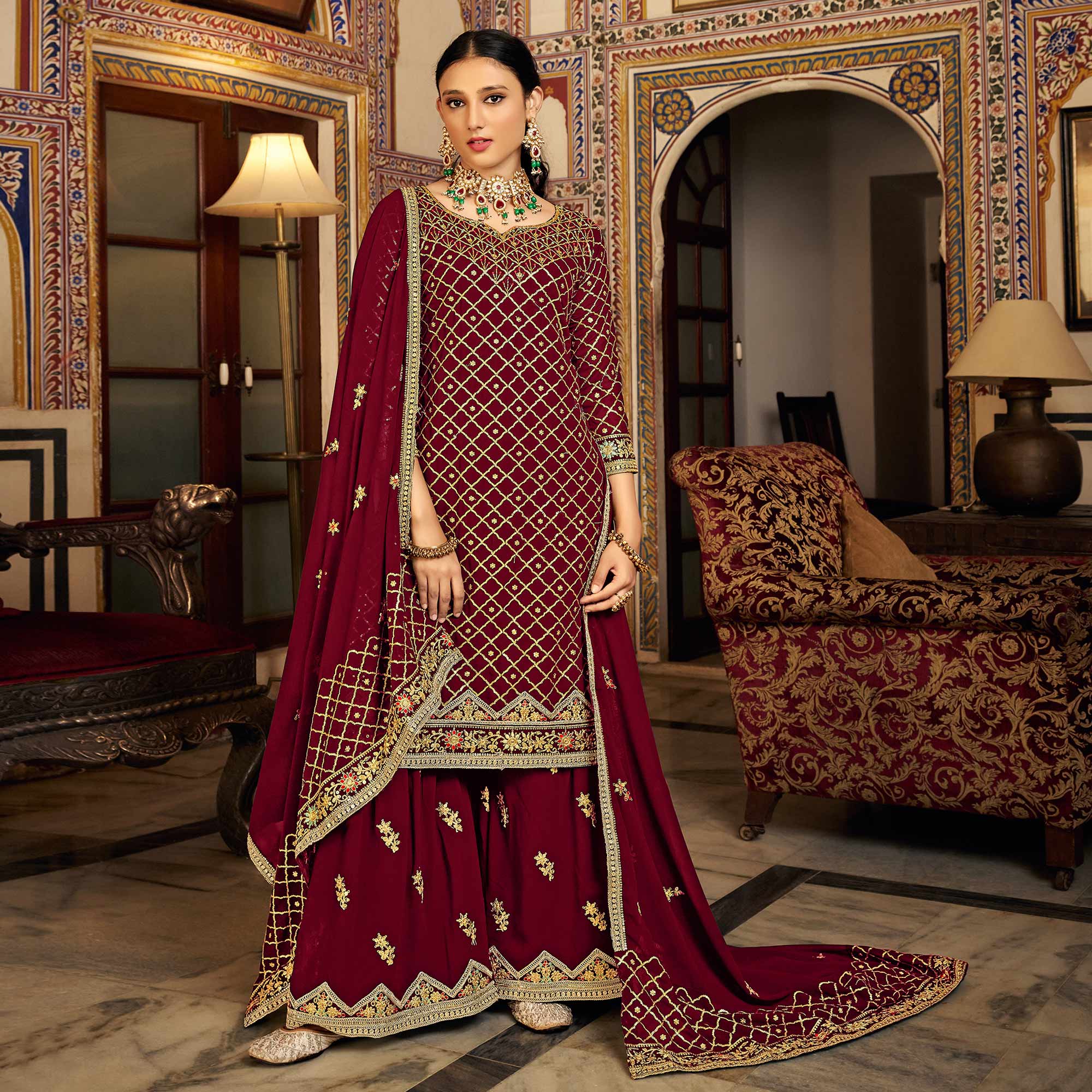 Maroon Sequins Embroidered Chinon Semi Stitched Suit
