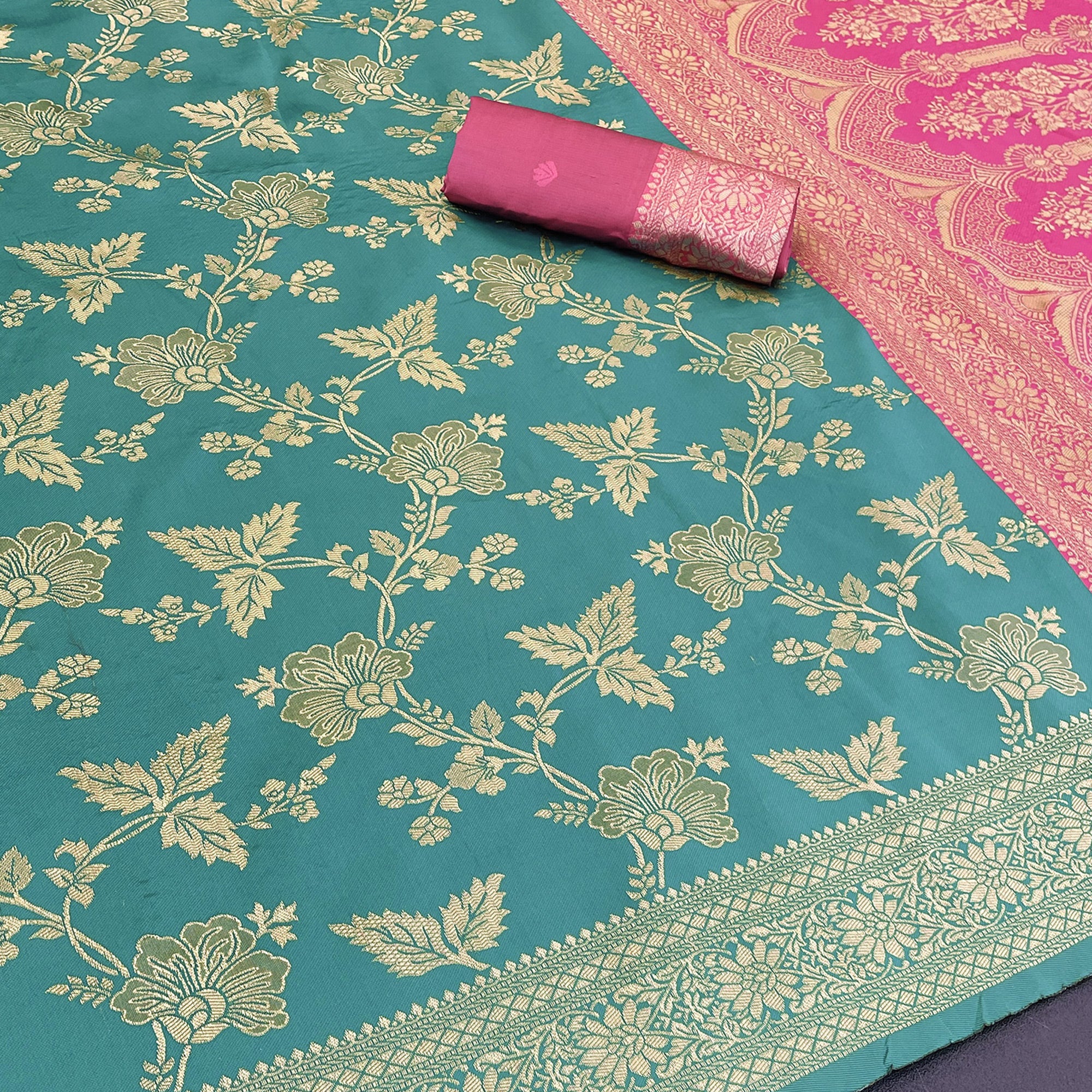 Graceful Rama Blue & Pink Banarasi Silk Saree Featuring Intricate Floral Zari Weaving Work