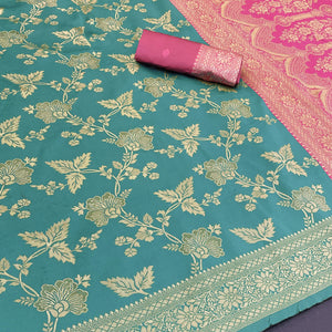 Graceful Rama Blue & Pink Banarasi Silk Saree Featuring Intricate Floral Zari Weaving Work