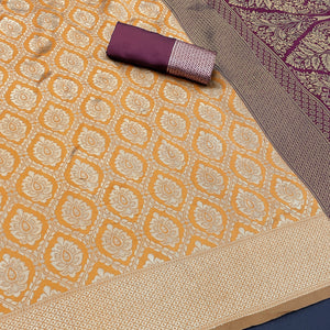 Charming Orange & Purple Banarasi Silk Saree Adorned With Floral Zari Weaving