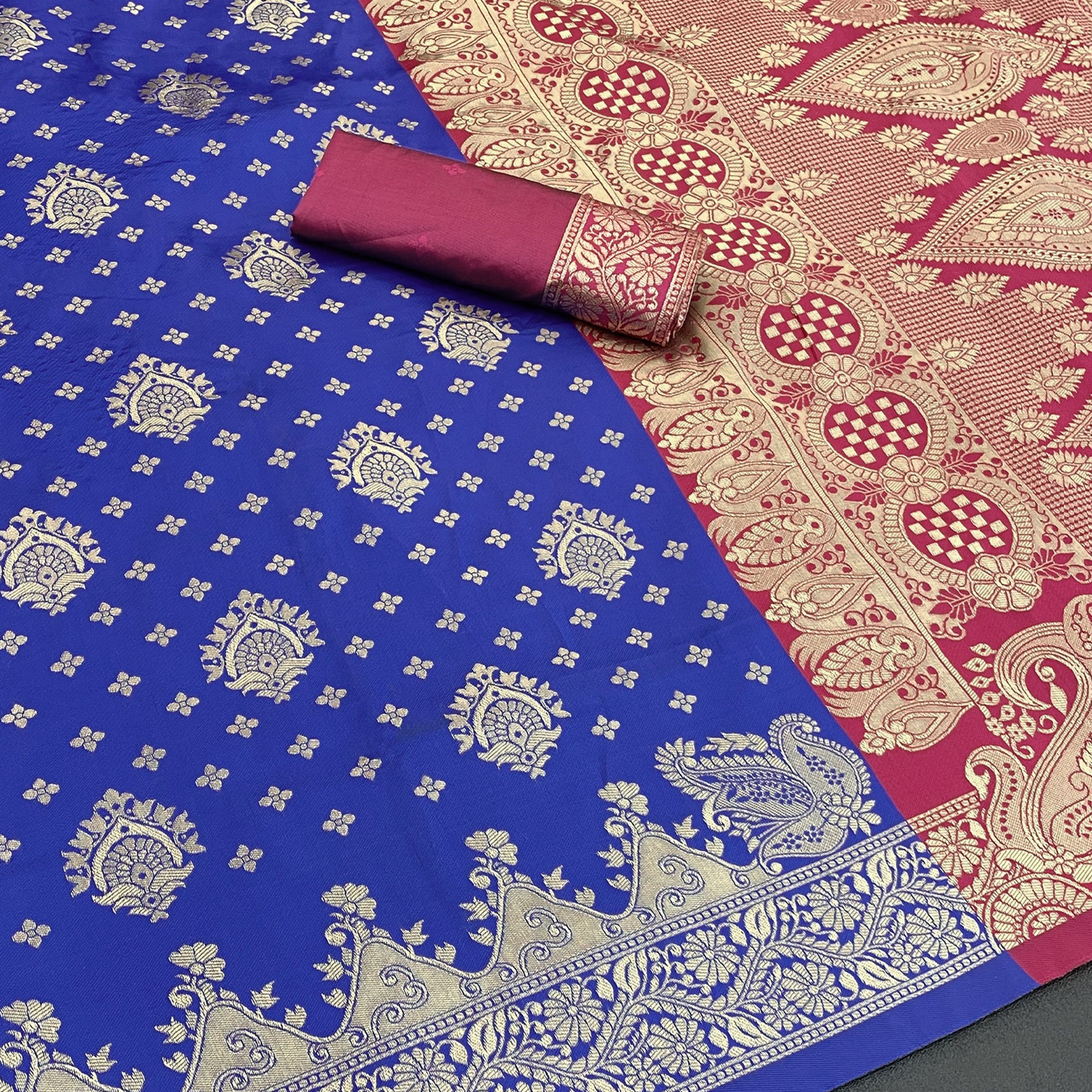 Classic Royal Blue & Pink Silk Banarasi Saree Showcasing Delicate Floral Zari Weaving