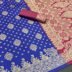 Classic Royal Blue & Pink Silk Banarasi Saree Showcasing Delicate Floral Zari Weaving