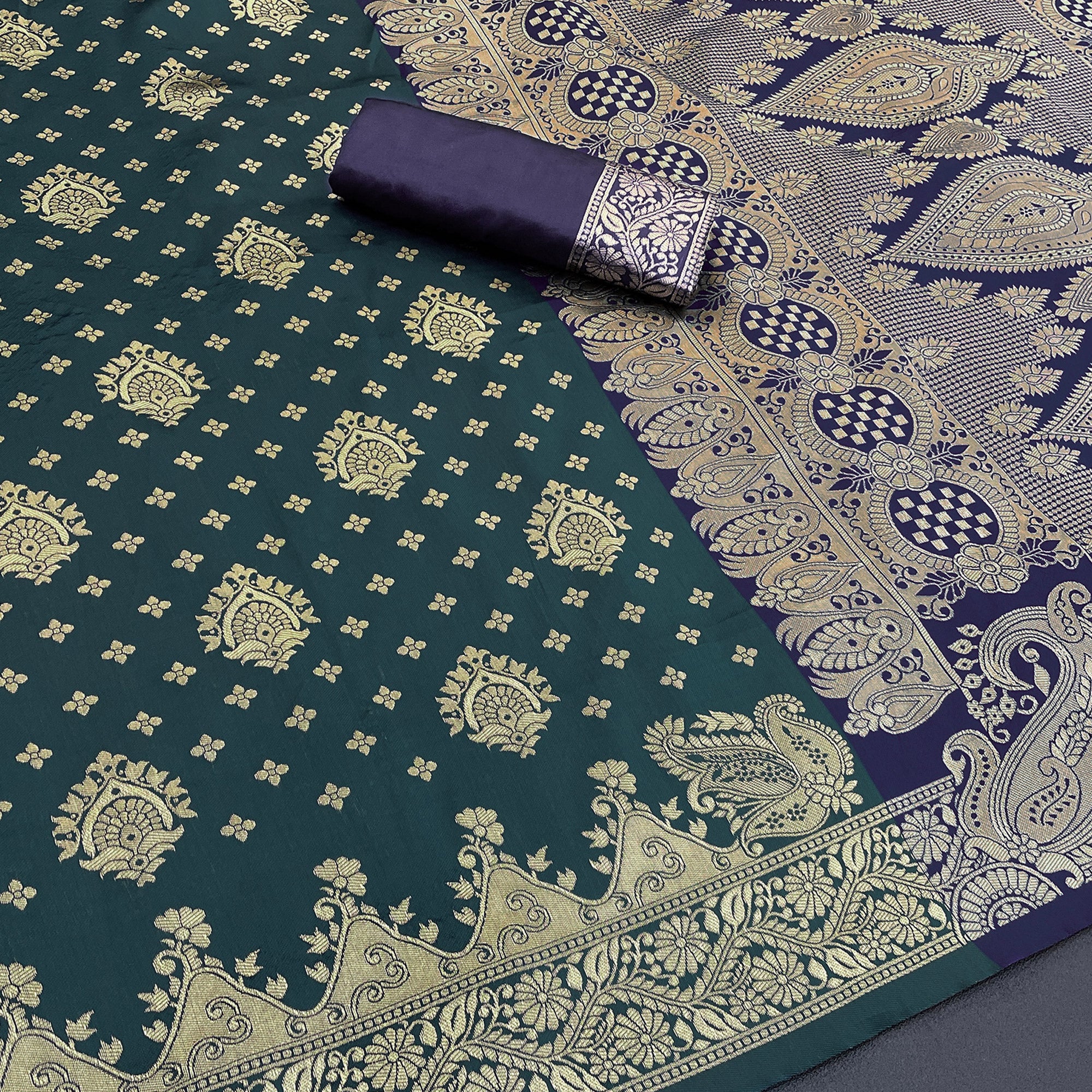 Classic Dark Teal Silk Banarasi Saree Showcasing Delicate Floral Zari Weaving