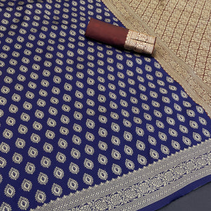 Navy Blue Floral Zari Woven Banarasi Silk Saree For Timeless Elegance
