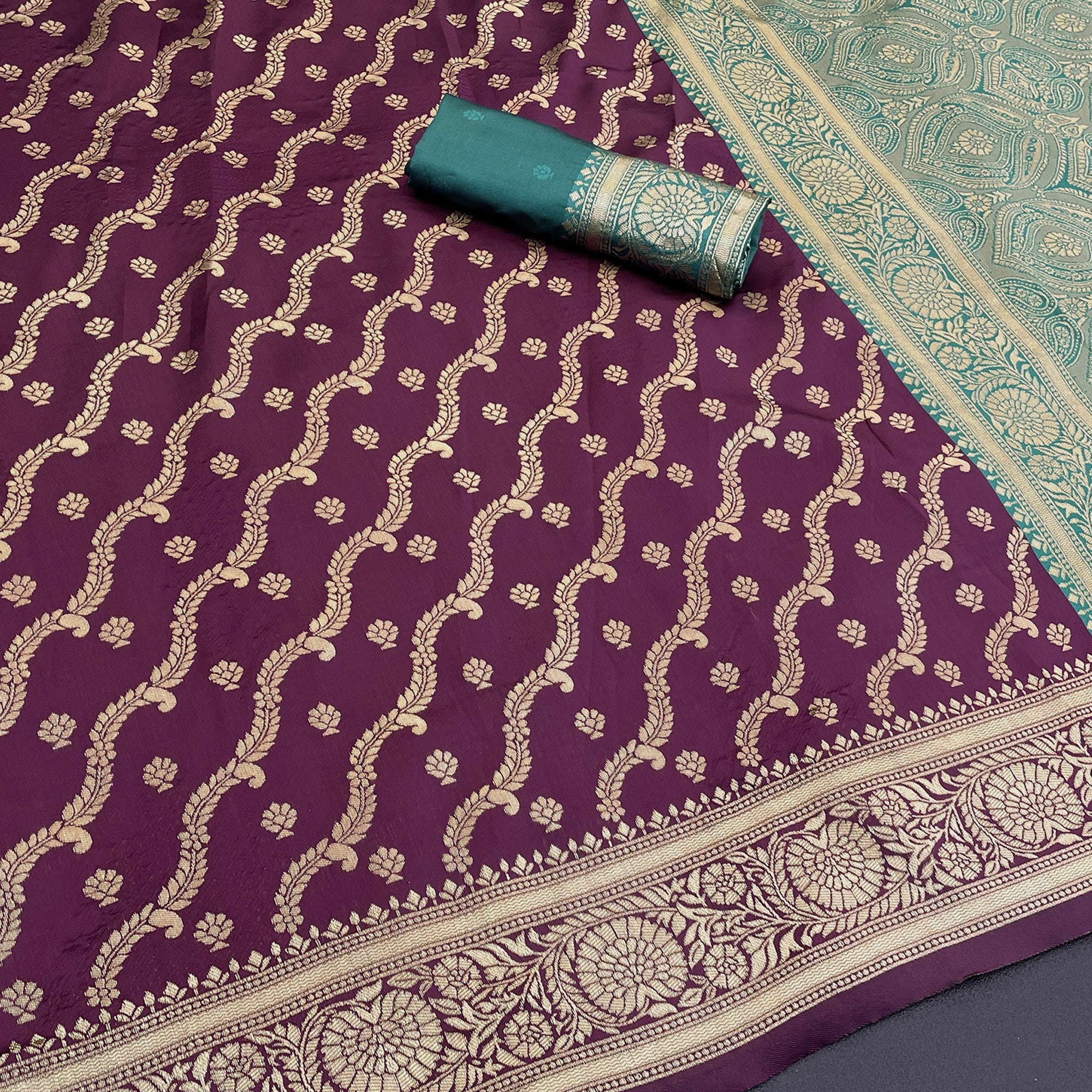 Graceful Wine Banarasi Silk Saree Featuring Intricate Floral Zari Weaving Work