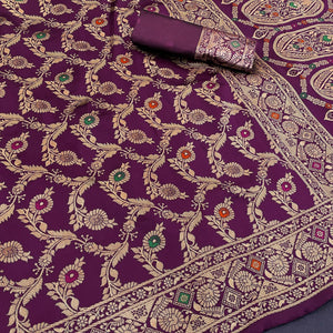 Classic Wine Silk Banarasi Saree Showcasing Delicate Floral Zari Weaving