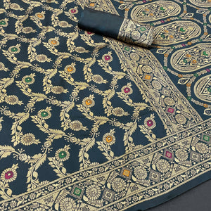 Classic Morpich Blue Silk Banarasi Saree Showcasing Delicate Floral Zari Weaving