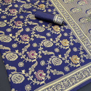 Charming Navy Blue Banarasi Silk Saree Adorned With Floral Zari Weaving