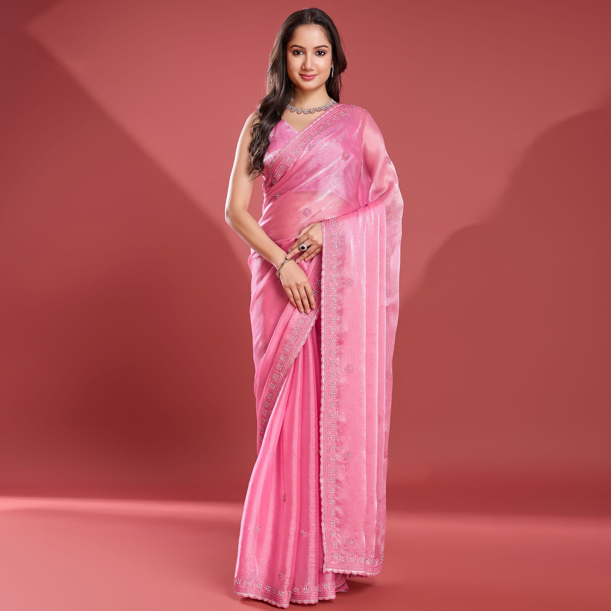 Pink Embroidered Work Tissue Saree