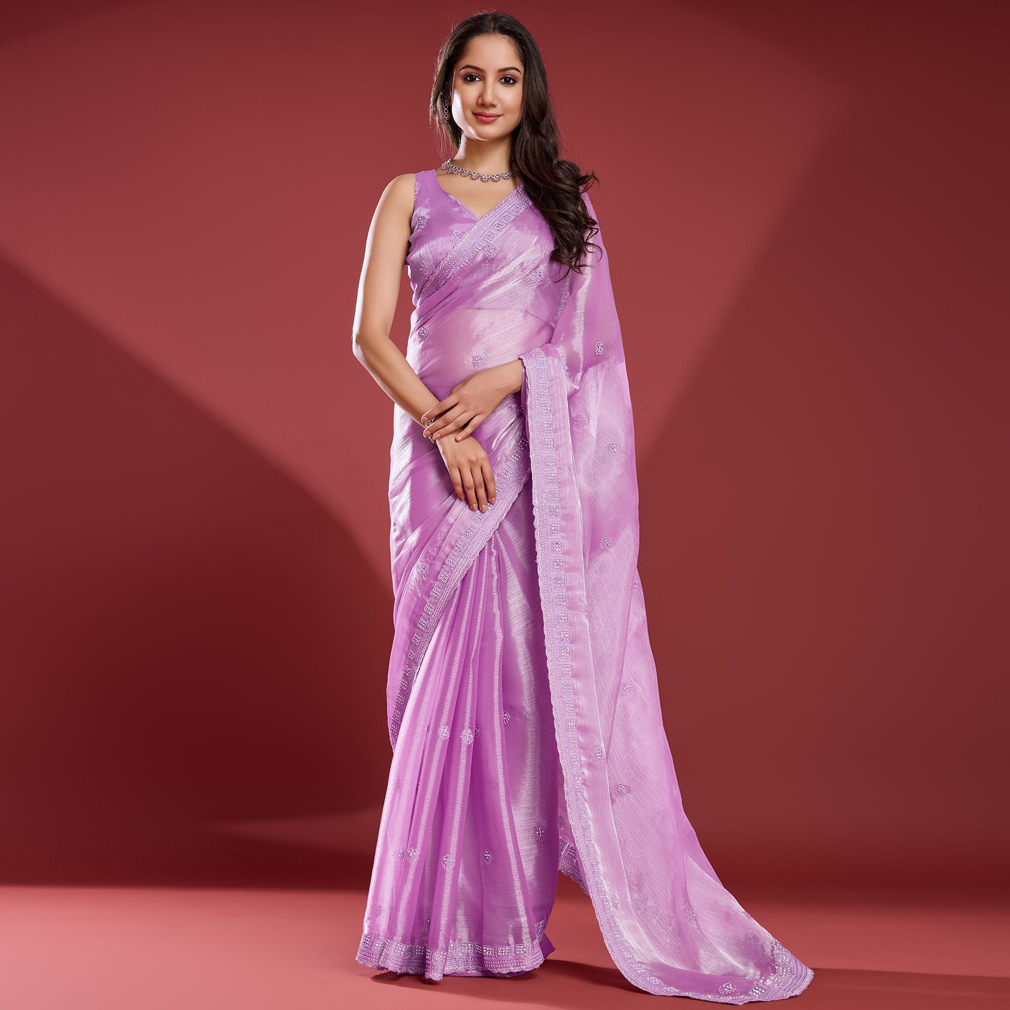 Light Purple Embroidered Work Tissue Saree