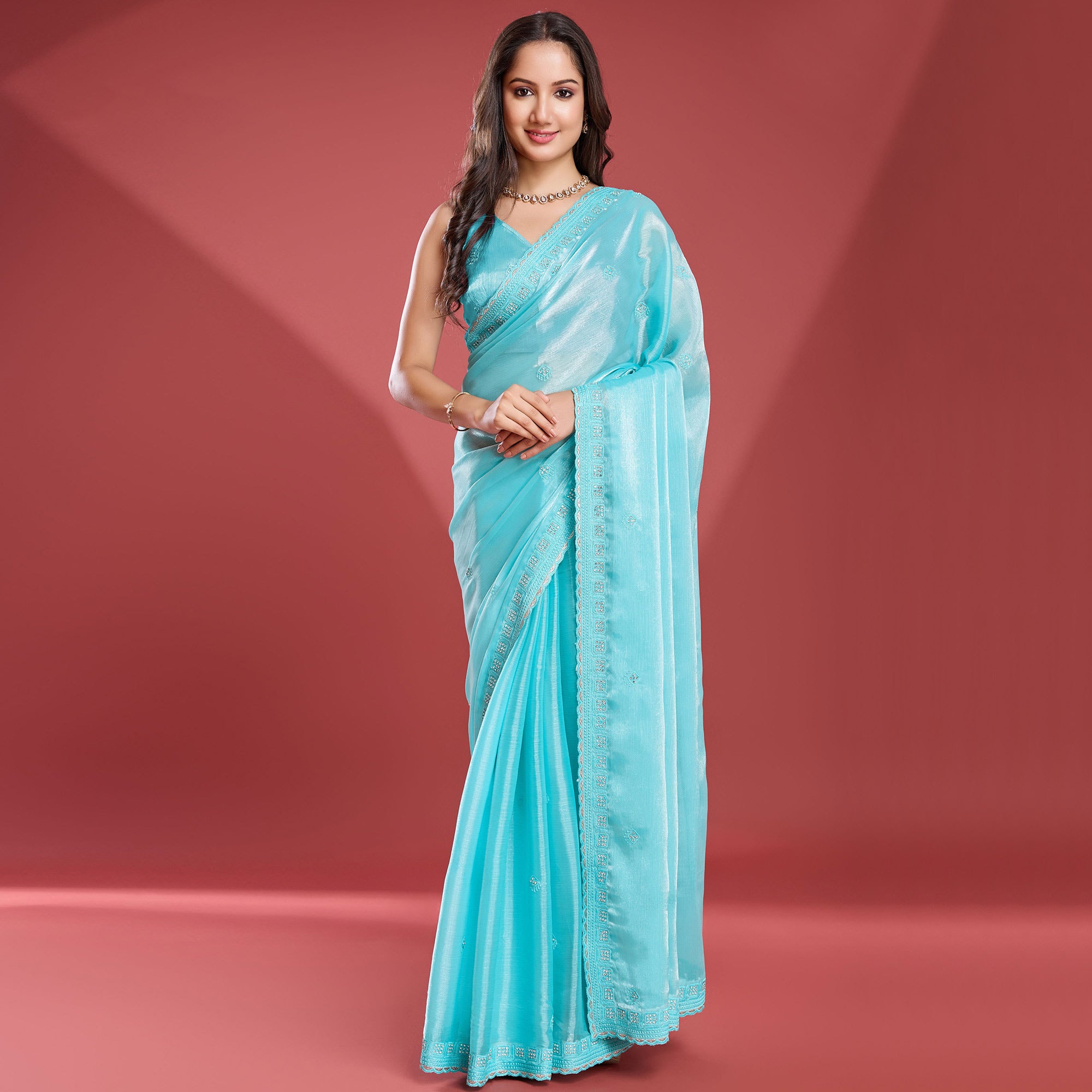 Turquoise Embroidered Work Tissue Saree