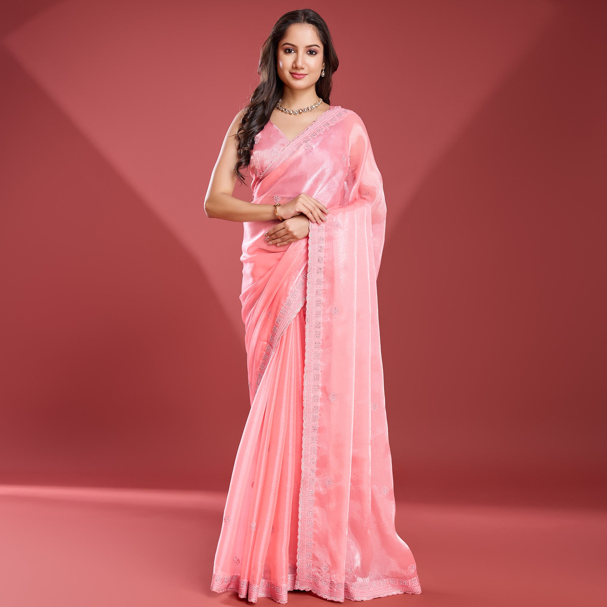 Peach Embroidered Work Tissue Saree