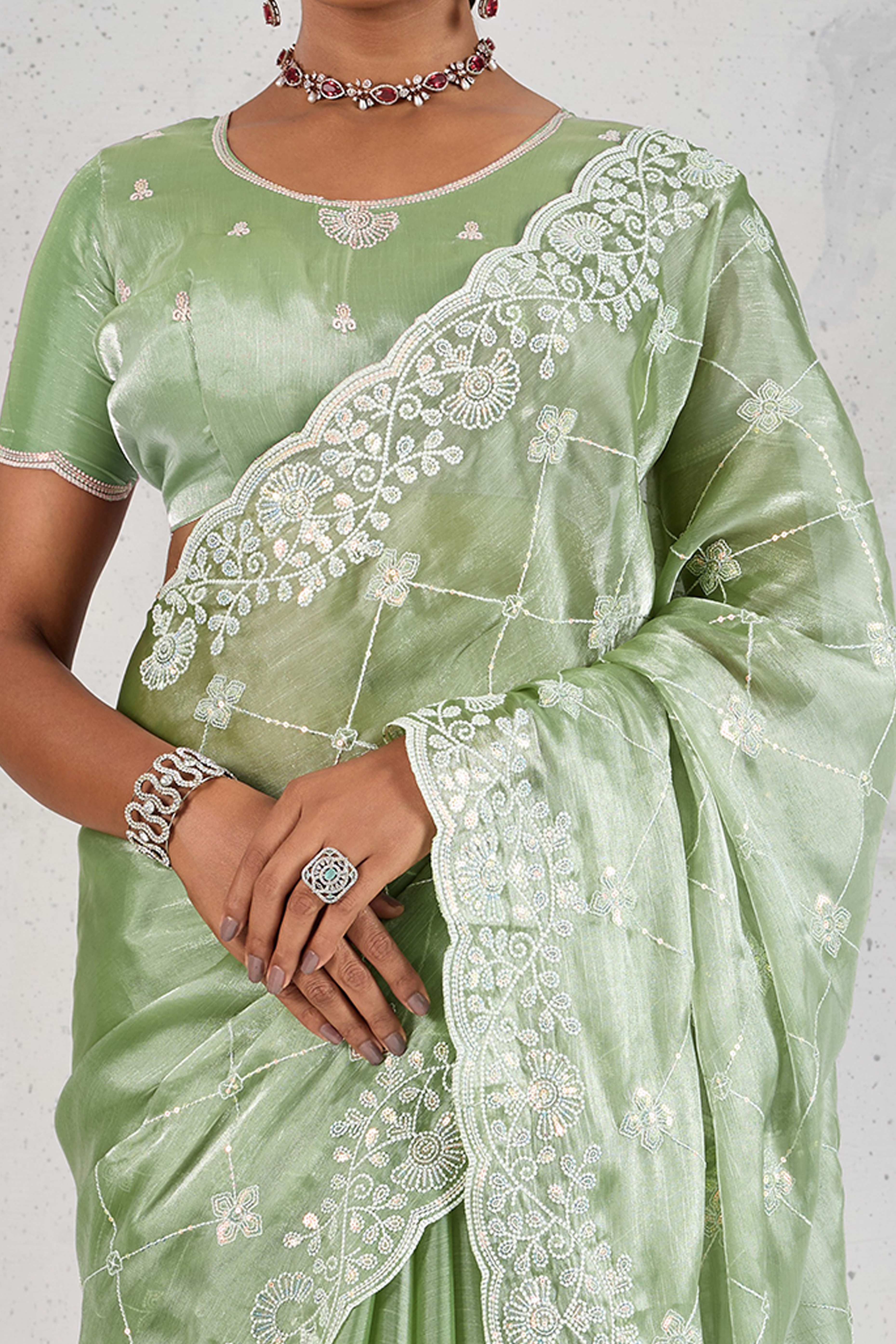 Green Silk Saree with Dazzling Sequin Embroidery