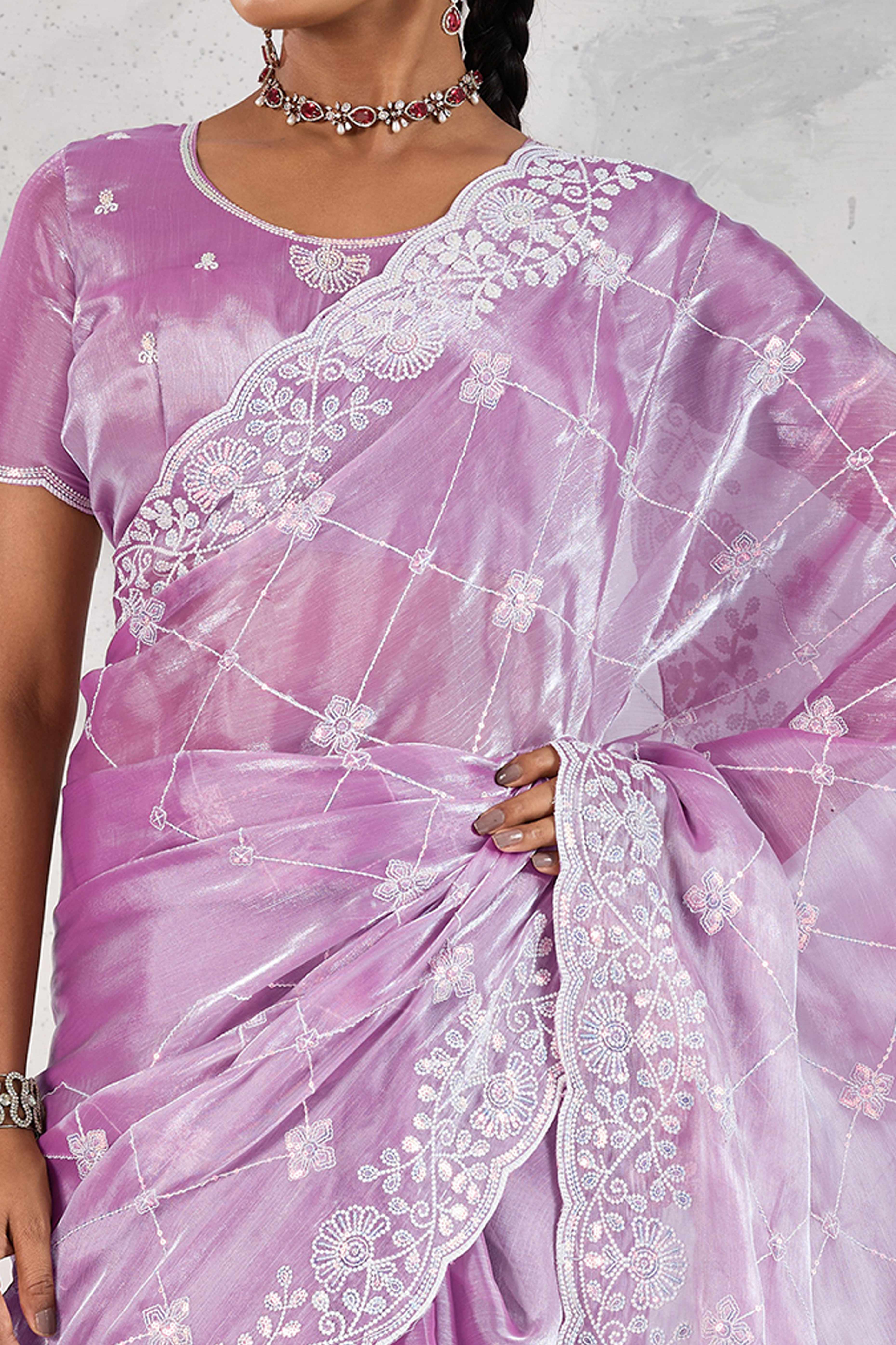 Purple Silk Saree with Dazzling Sequin Embroidery