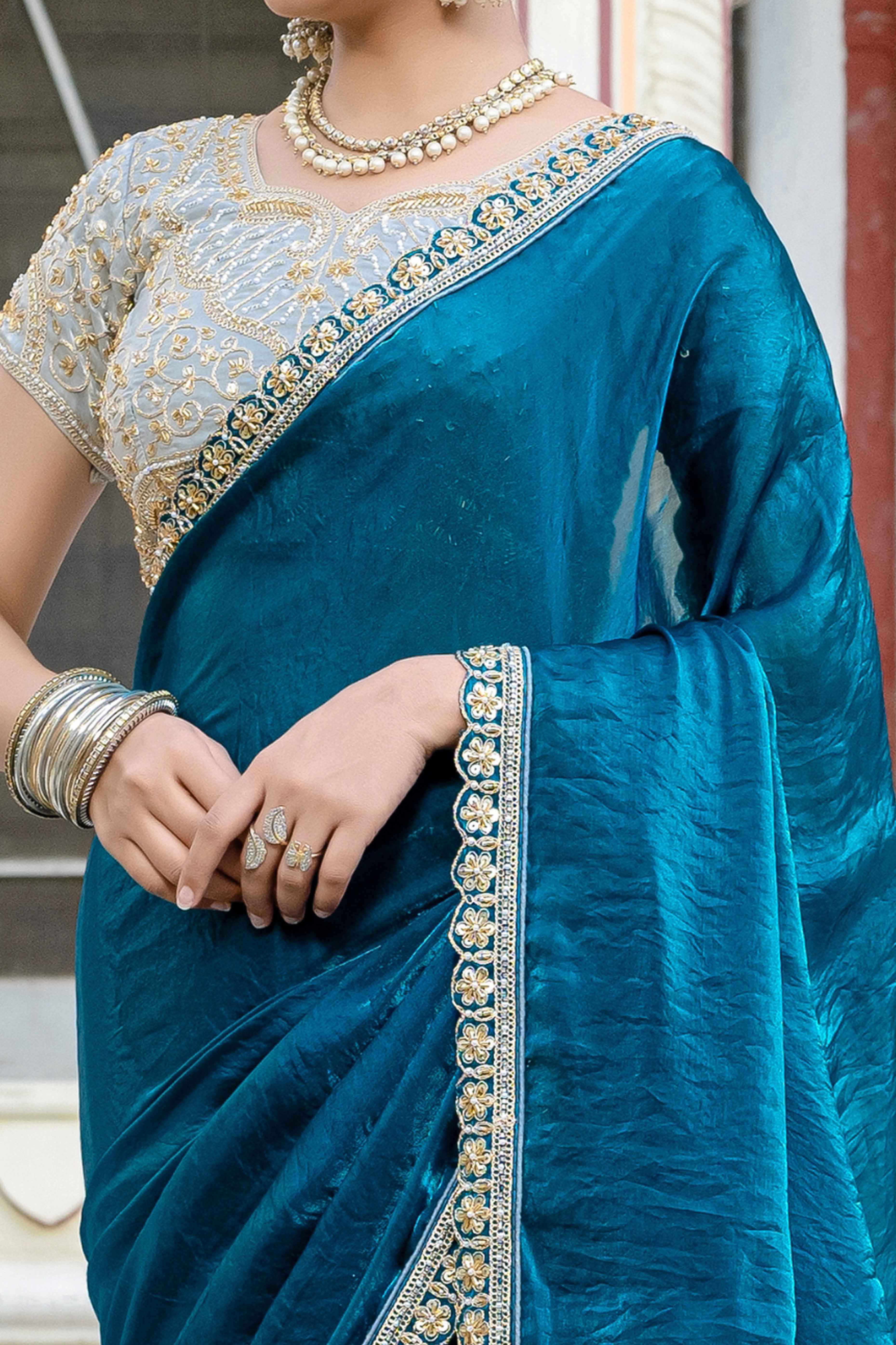 Morpich Blue Satin Velvet Saree Adorned With Handcrafted Sequins Beads & Pearl Embellishments