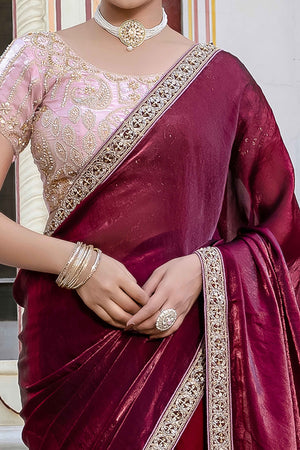 Maroon Satin Velvet Saree Adorned With Handcrafted Sequins Beads & Pearl Embellishments