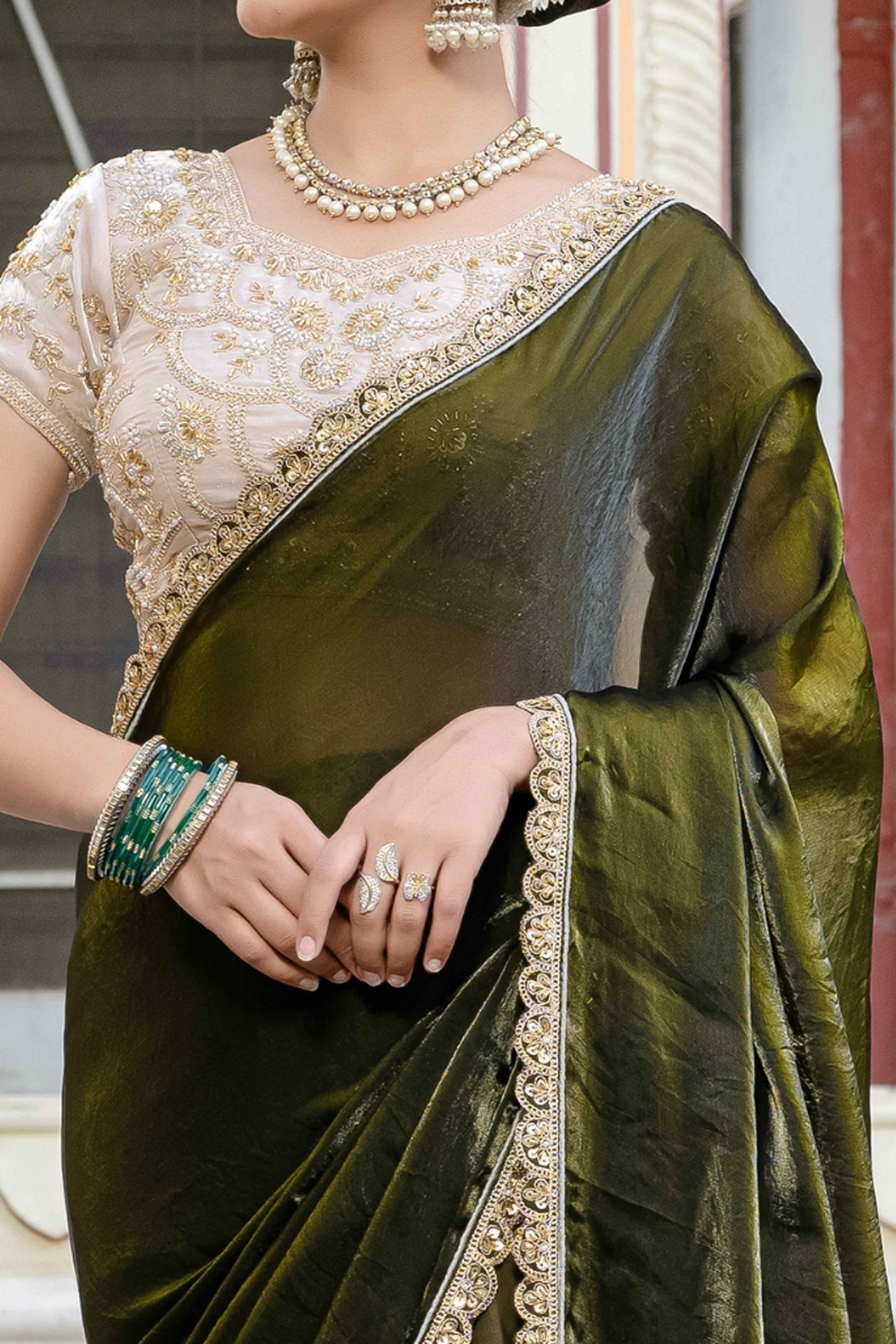 Mehendi Green Satin Velvet Saree Adorned With Handcrafted Sequins Beads & Pearl Embellishments