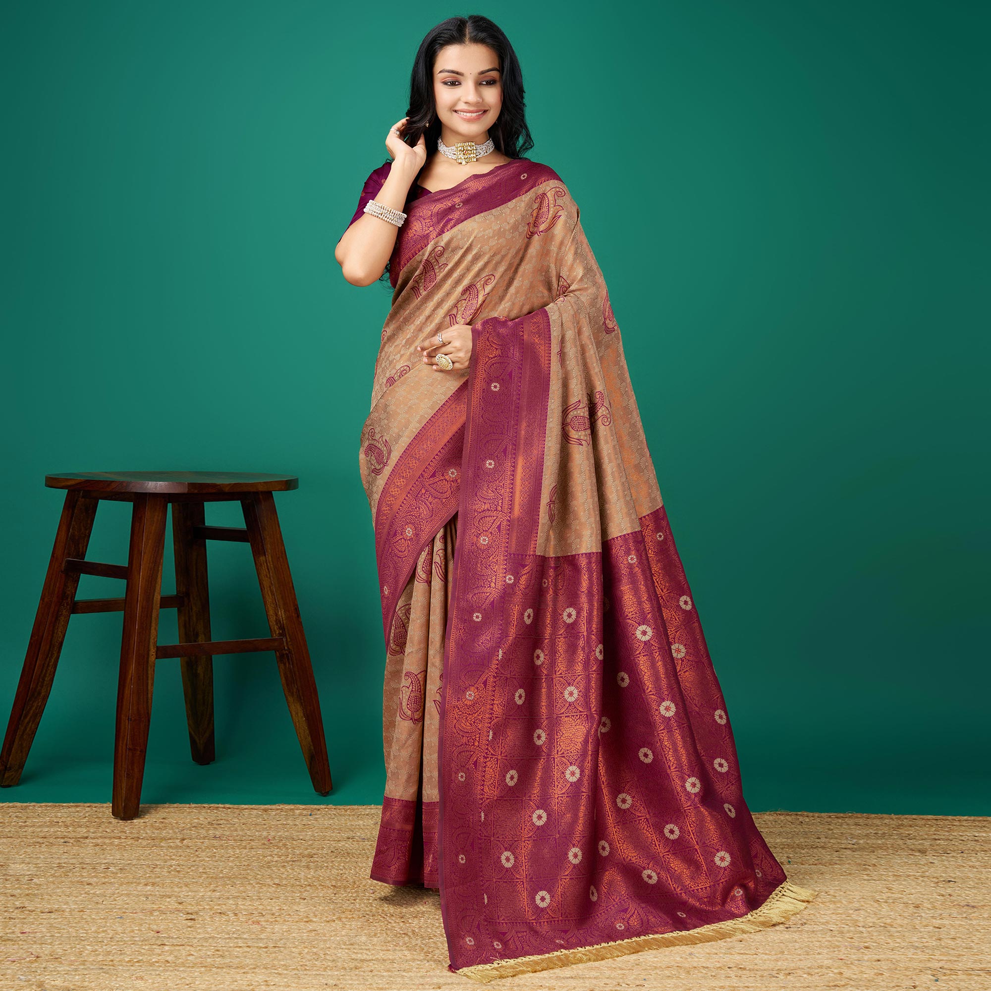 Chikoo Zari Woven Banarasi Silk Saree With Tassels