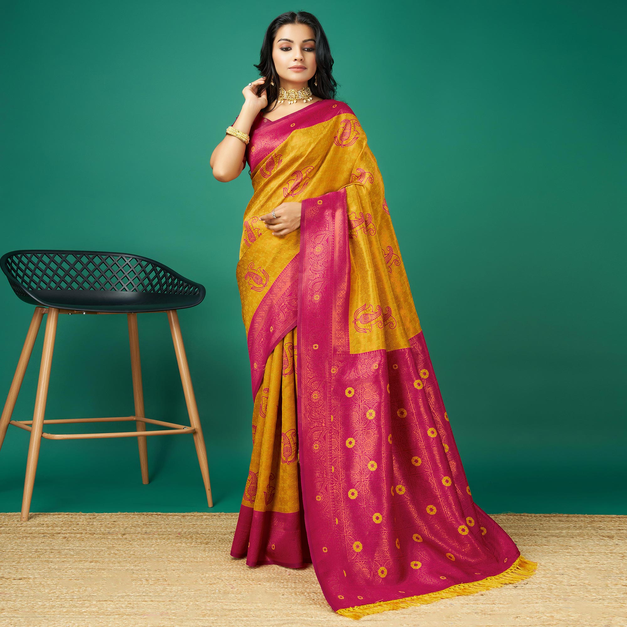 Gold Zari Woven Banarasi Silk Saree With Tassels