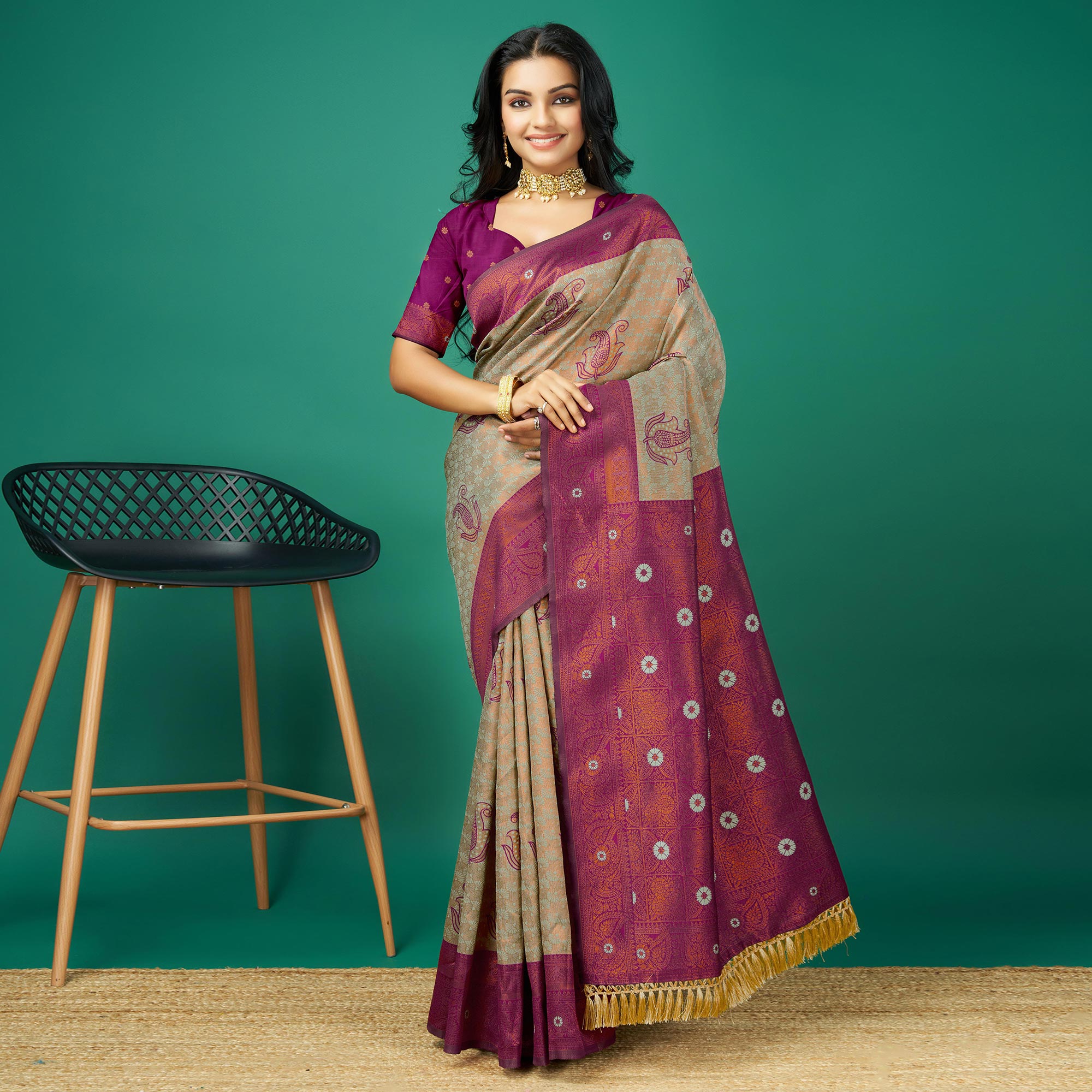 Light Copper & Grey Zari Woven Banarasi Silk Saree With Tassels