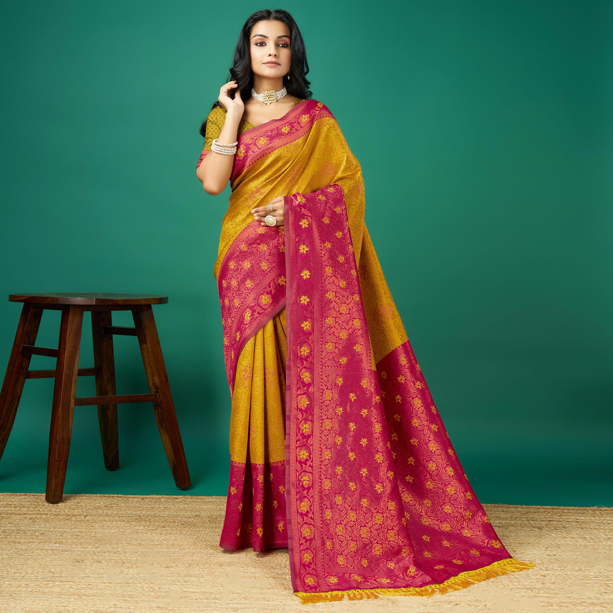 Gold Zari Woven Banarasi Silk Saree With Tassels