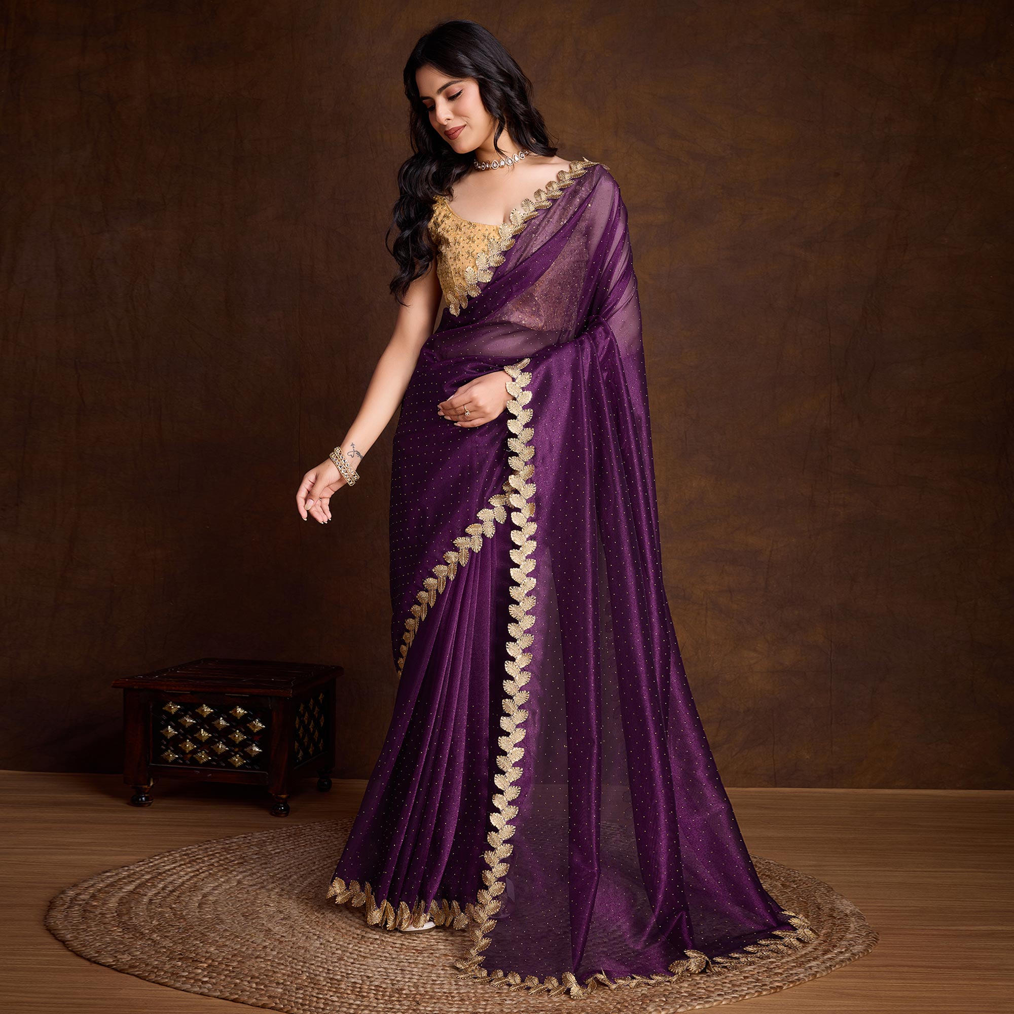 Wine Swarovski Work Shimmer Net Saree