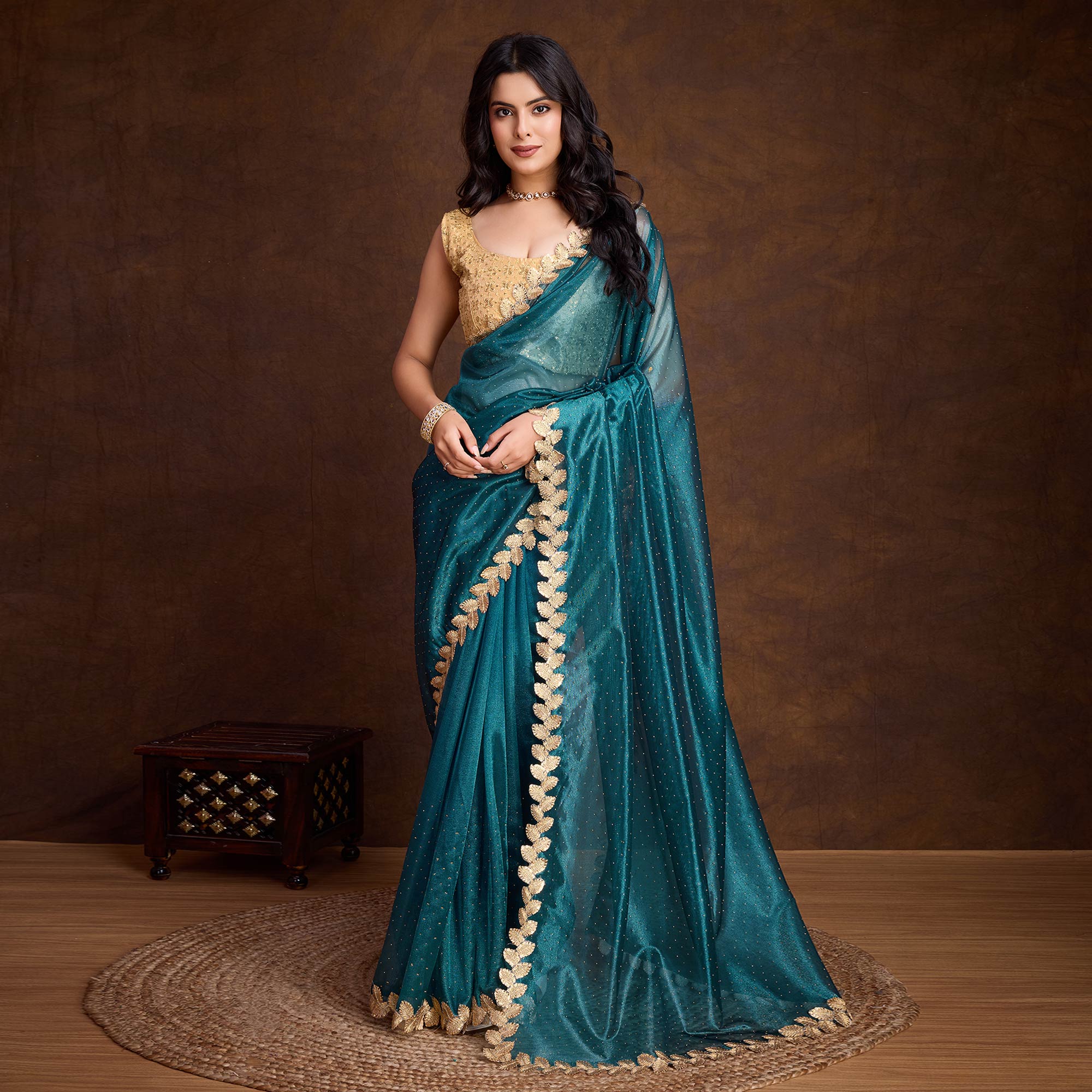 Morpich Blue Swarovski Work Shimmer Net Saree