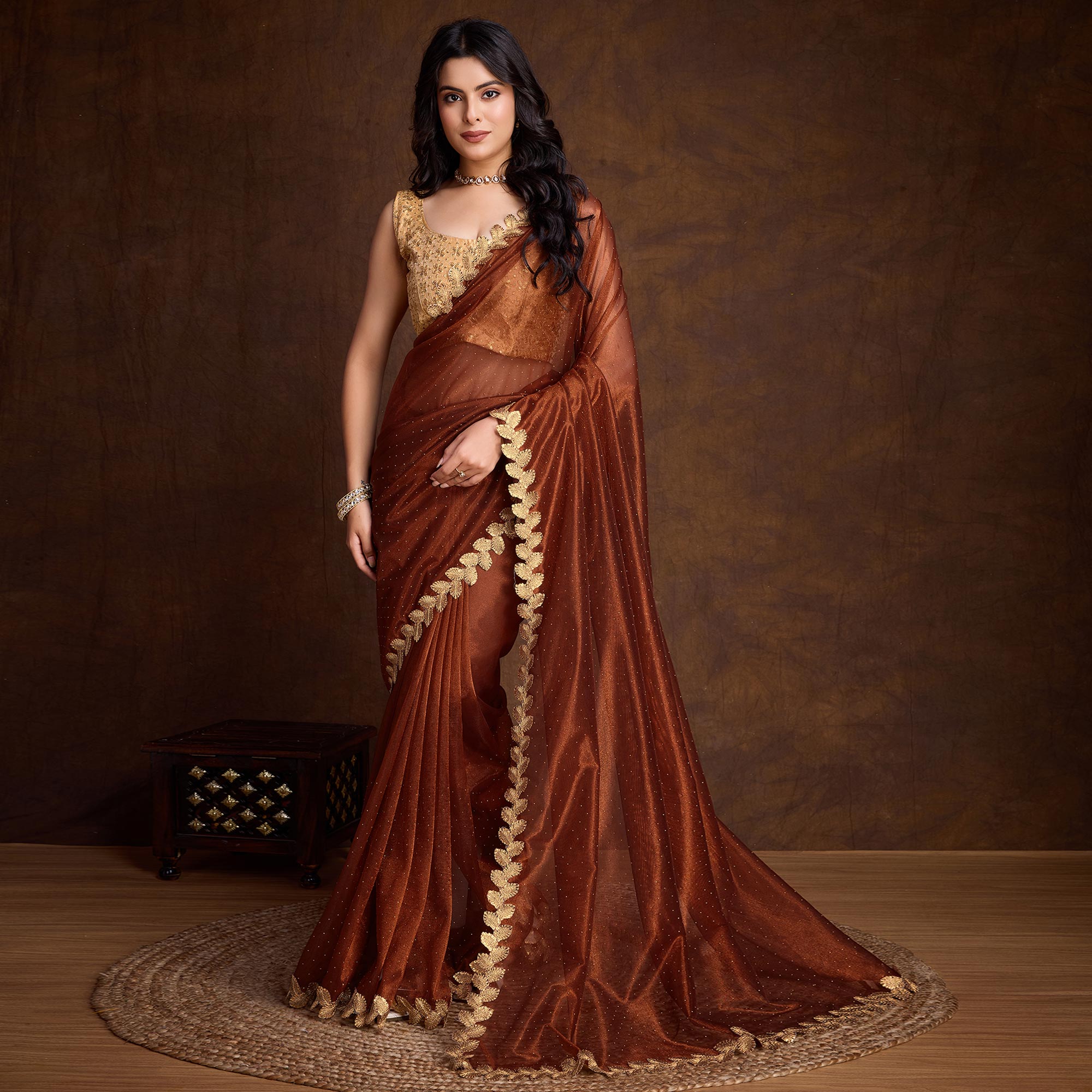 Brown Swarovski Work Shimmer Net Saree