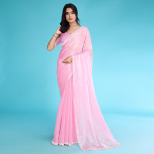 Pink Solid With Zarkan & Ceramic Pearl Diamond Lace Tissue Saree