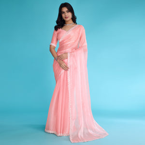 Peach Solid With Zarkan & Ceramic Pearl Diamond Lace Tissue Saree