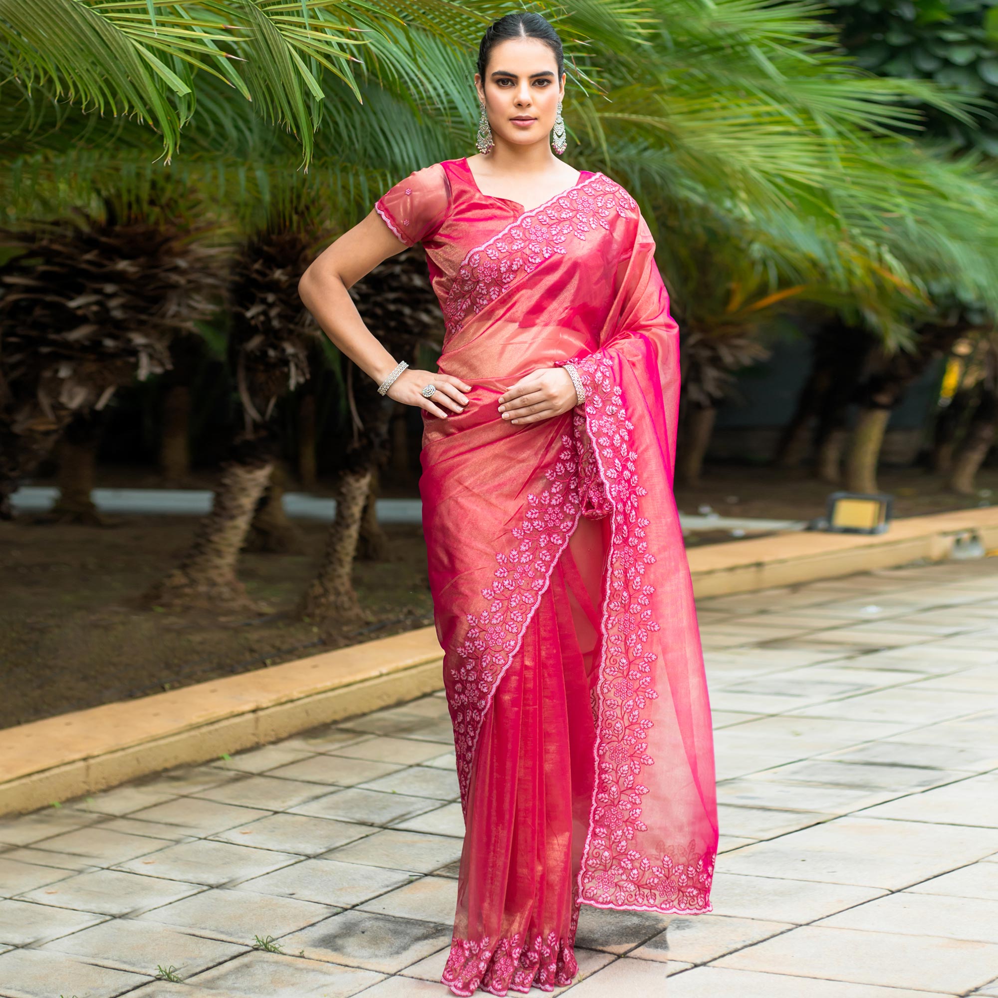 Pink Floral Sequins Embroidered Twill Net Saree