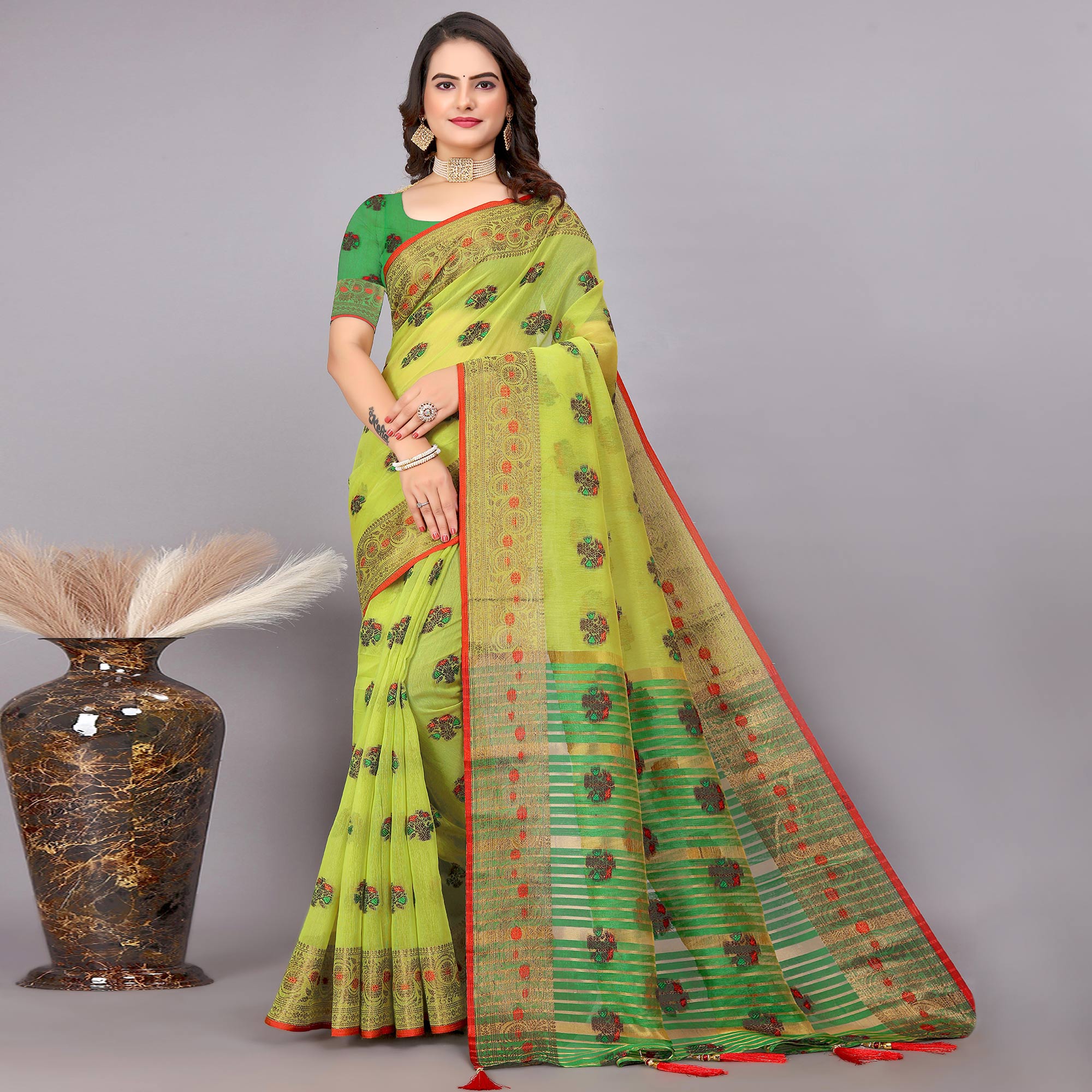 Lime Green Floral Woven Cotton Silk Saree With Tassels